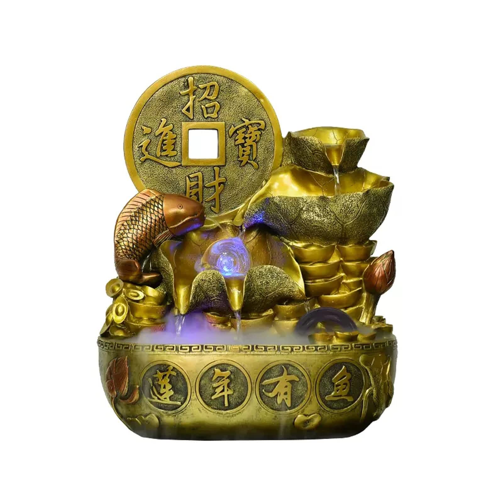 Easy Install Indoor Fountain Chinese Style Tabletop Waterfall Fountains Relaxation Water Feature Feng Shui Desktop for Home and Office Decor, Gold(Small)