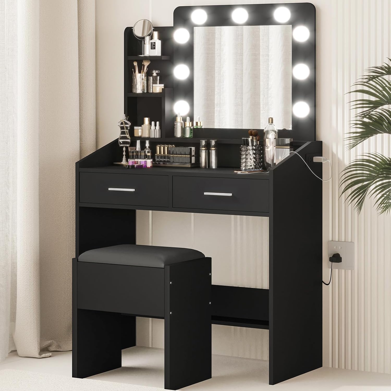 Vanity Desk with Mirror and Lights for Bedroom, Black Modern Makeup Table with 2 Drawers, 3 Light Modes & Dimmable LED, Includes Stool