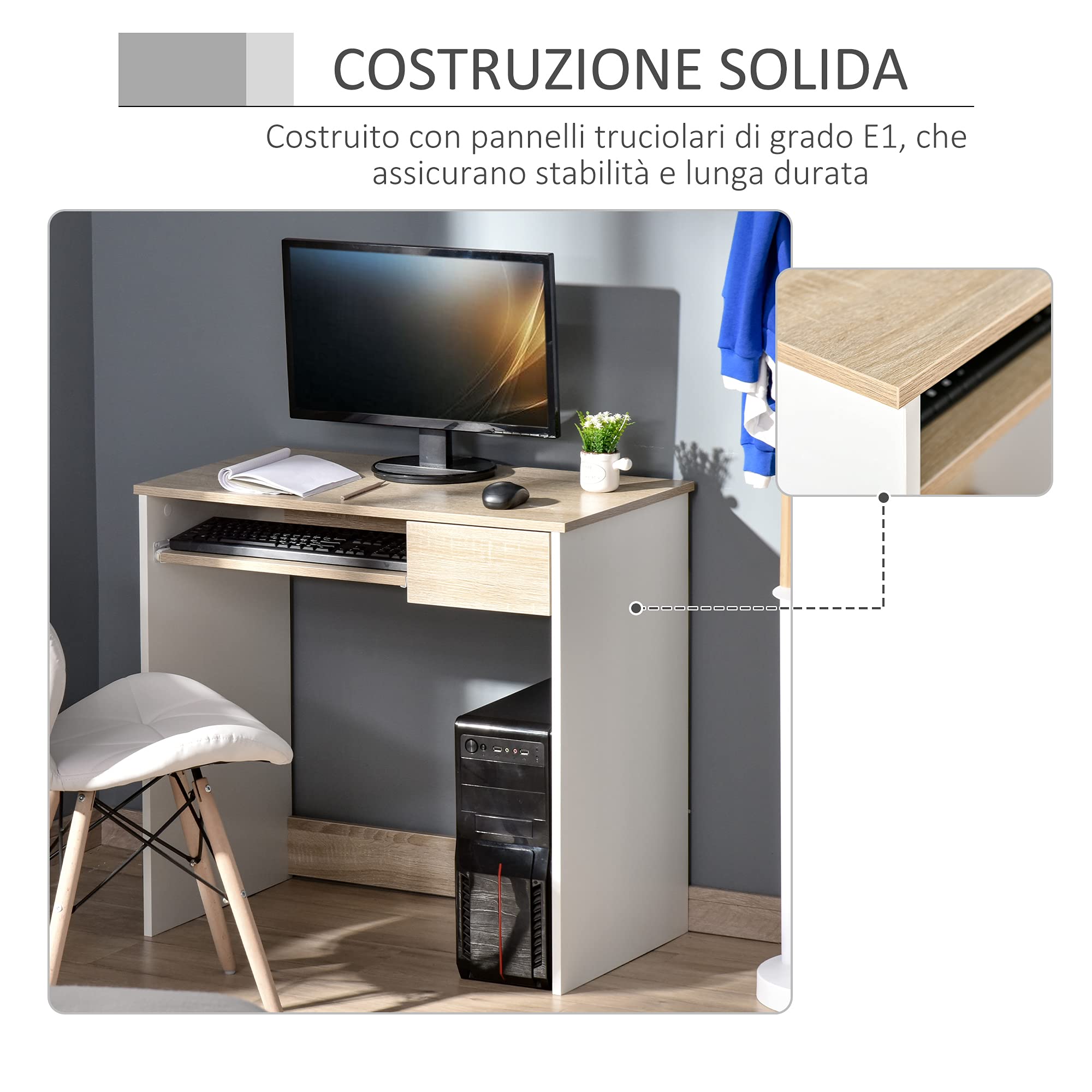 HOMCOM Scrivania Ufficio, 80x45x75 cm Scrivania Salvaspazio con Vassoio Tastiera, Cassetto per Documenti, Tavolo Computer per Casa Studio Ufficio, Rovere e Bianco