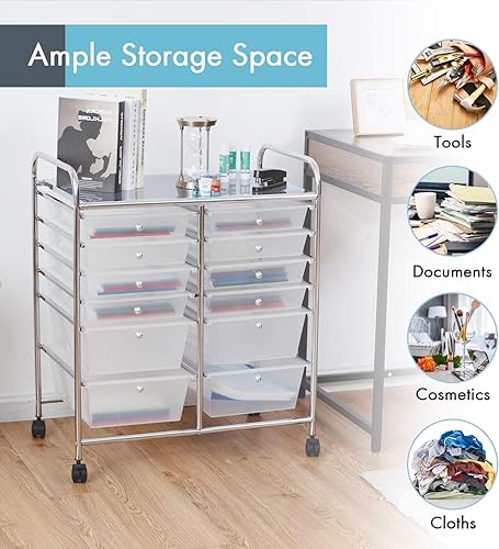 Vista 233 de LDAILY Carrito de almacenamiento con ruedas de 15 cajones, carrito rodante con cajones para aula, organizador de manualidades con ruedas con marco