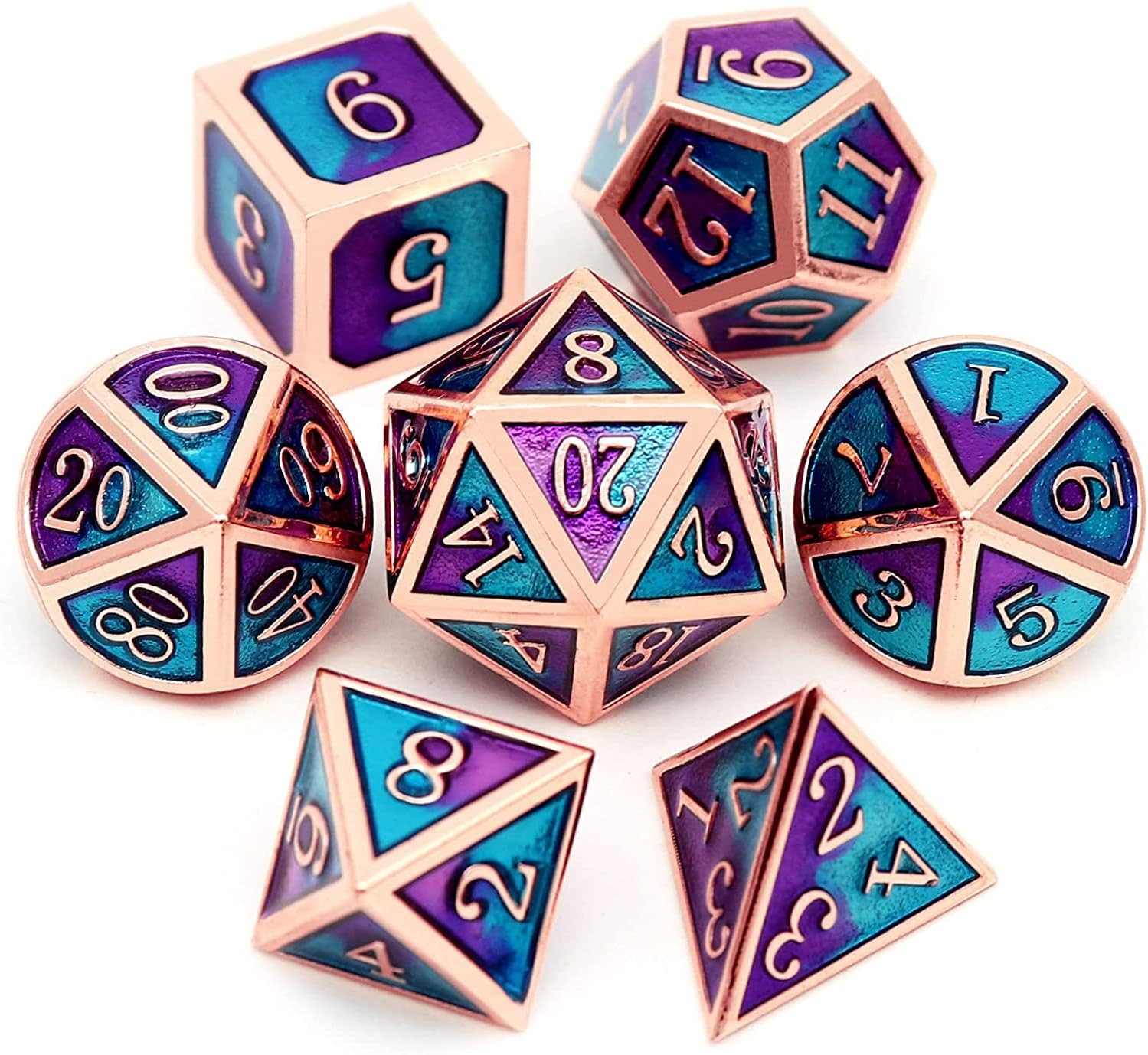 Haxtec Metal DND Dice Set D&D Gifts 7PCS Copper Blue Purple Polyhedral RPG Dice D20 D12 D10 D8 D6 D4 Compatible with Dungeons and Dragons TTRPG Games-Mermaid