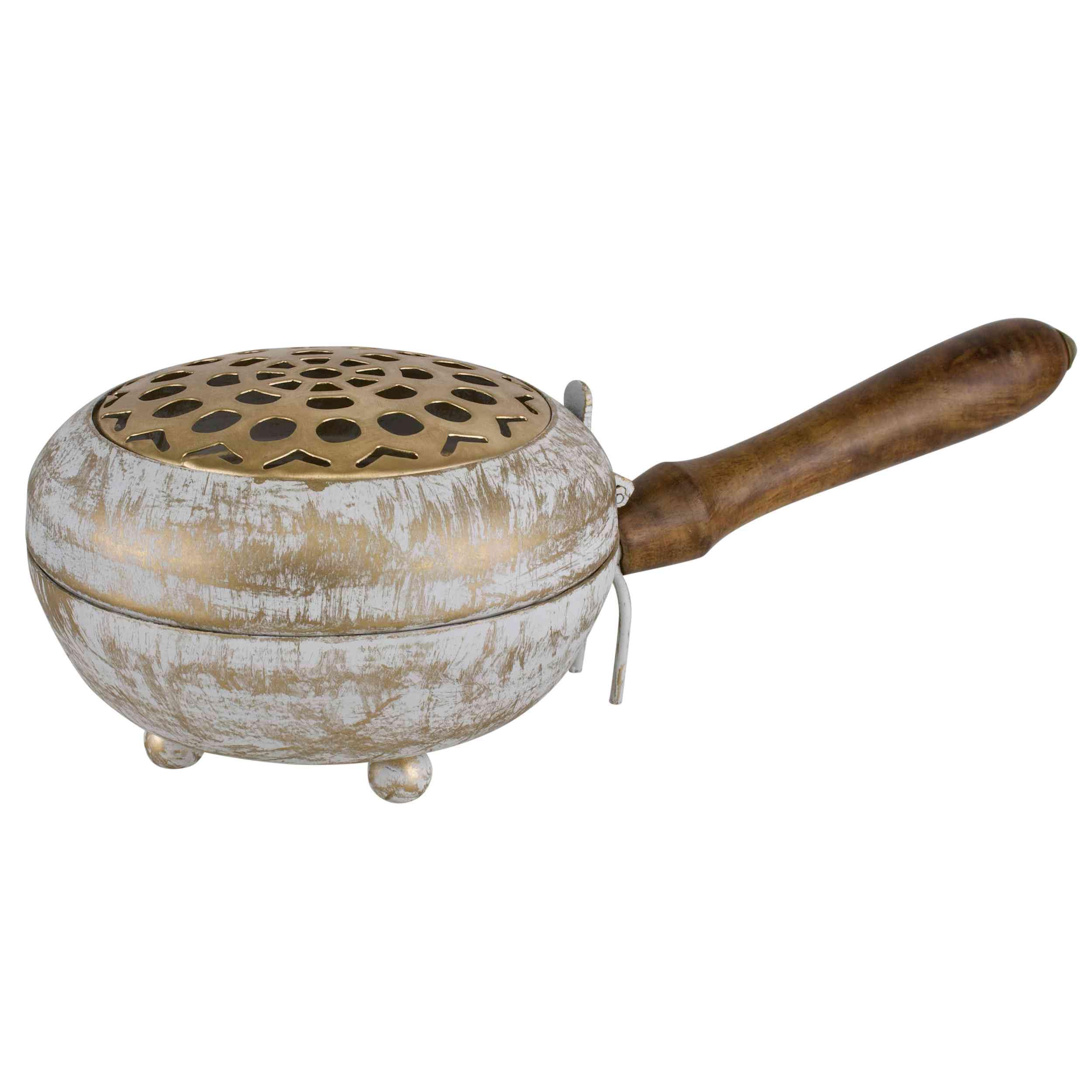 NKlaus 16408 - Sartén para incienso (hierro, 23 x 11,5 x 7 cm, mango de madera, pátina vintage, para rituales, meditación e iglesia, con tapa y patrón de aireación)