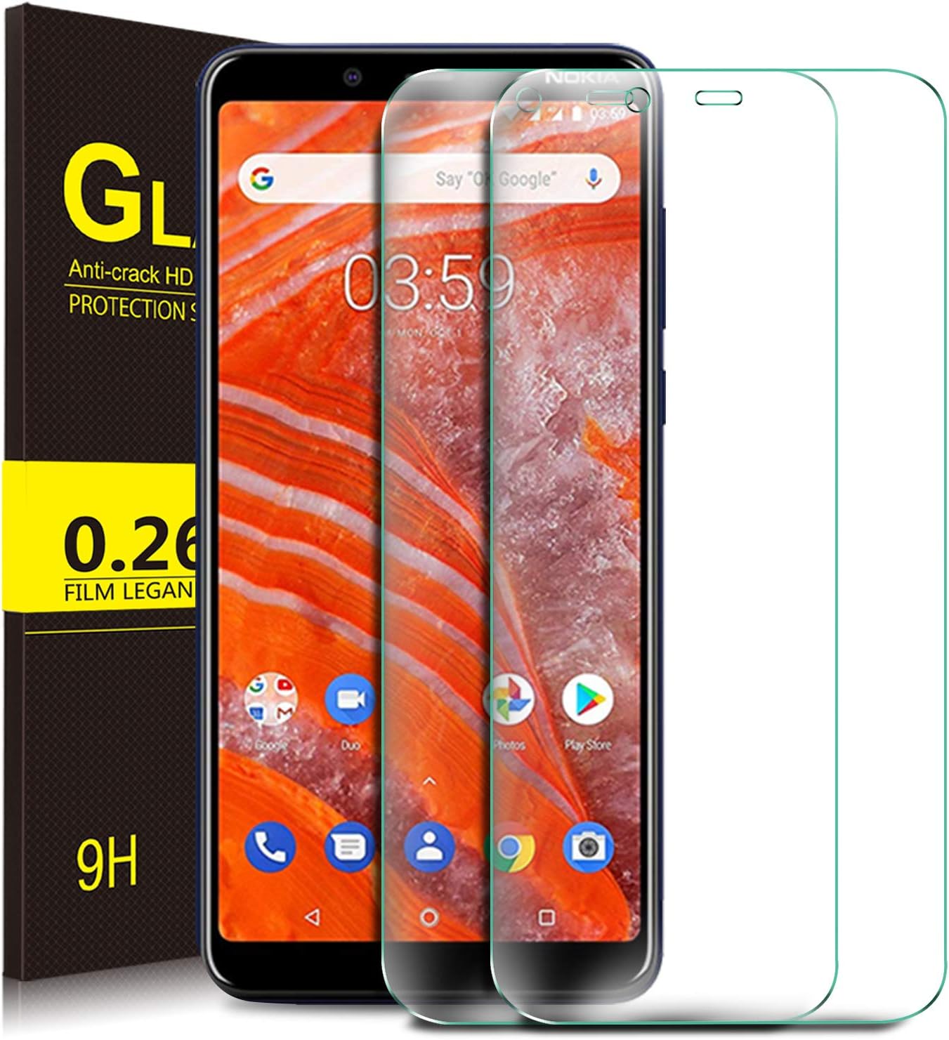 Nokia 3.1 Plus Screen Protector, KuGi 9H Hardness HD Clear Tempered Glass Screen Protector for Nokia 3.1 Plus Smartphone (2Pack)