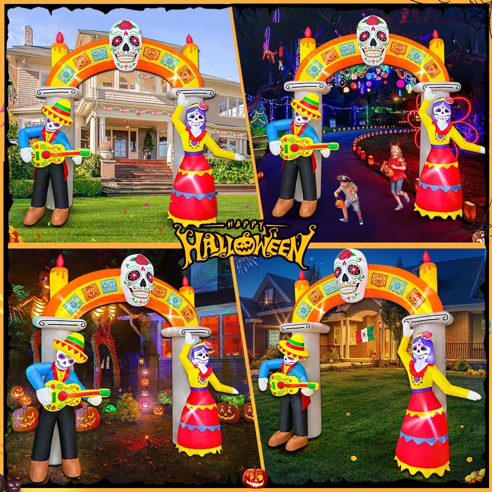 9 Ft Day of The Dead Halloween Inflatables Archway Dia De Los Muertos Decorations Inflatable Arch with Skull Skeleton LED Light Decor for Lawn Yard Garden