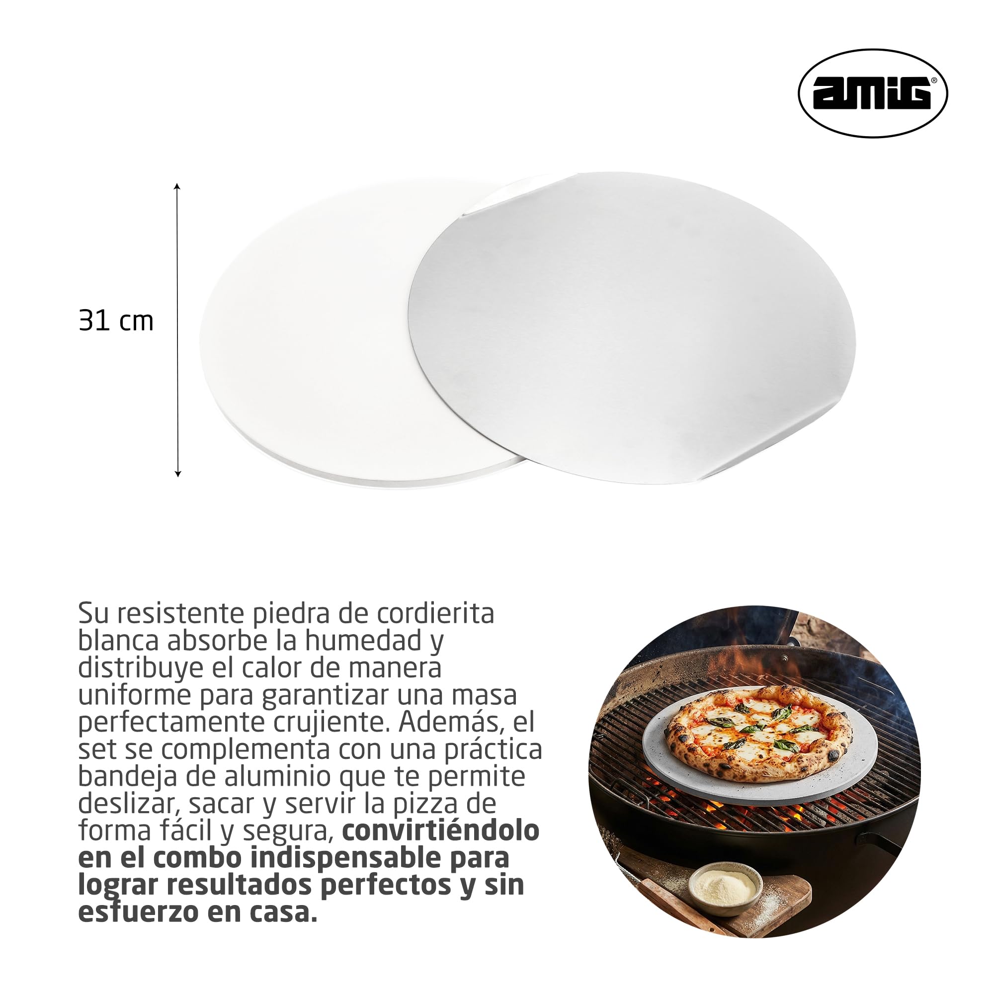 Amig – Pizza‑Set für Grill – Cordieritstein und Aluminiumplatte – Durchmesser Stein 33 cm – Durchmesser Platte 31,5 cm – Geeignet für Backofen und Grill – Mod. AM27