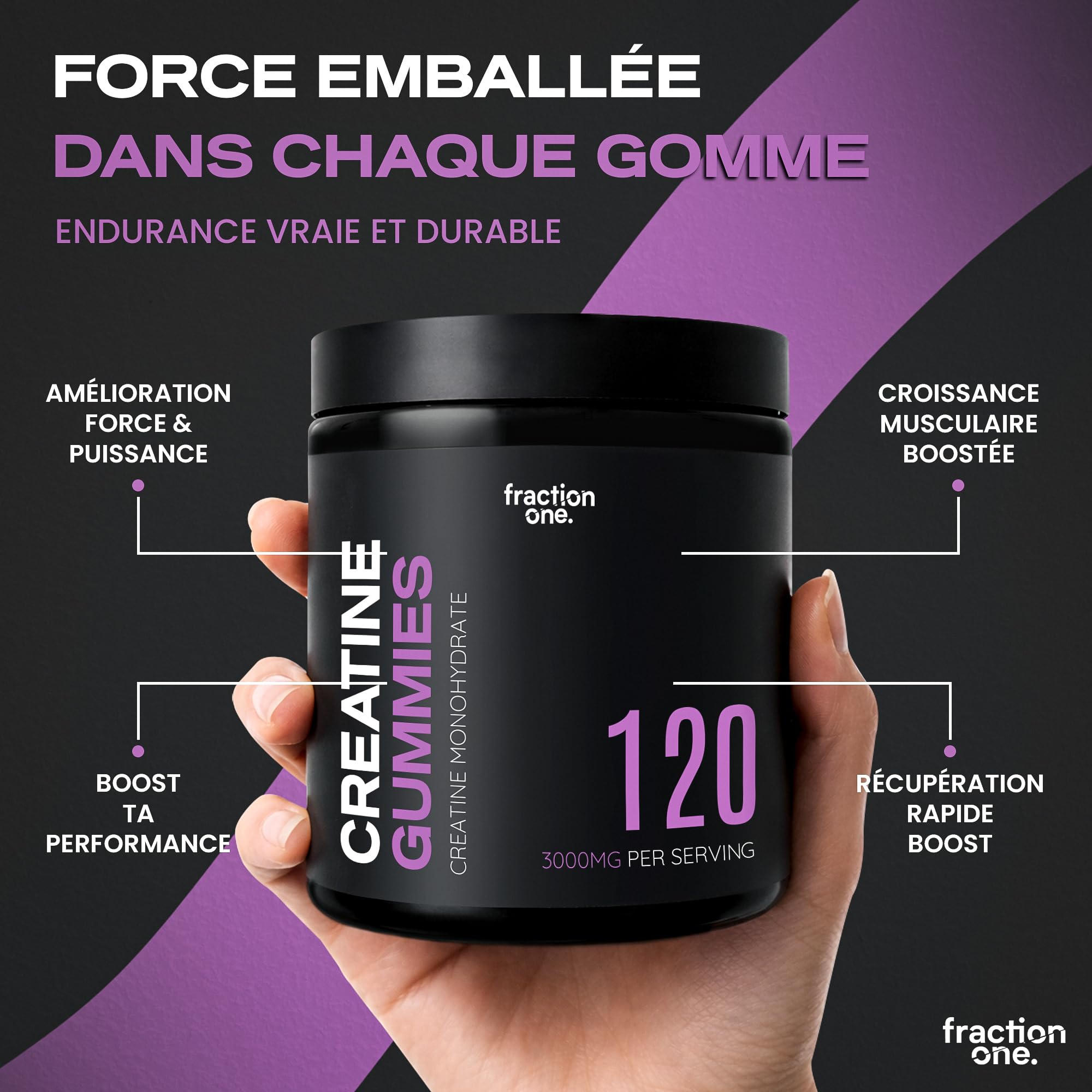 Fraction One Créatine Monohydrate 120 Gummies – Testé en laboratoire par un organisme tiers britannique, 60 jours d'utilisation – 3000 mg par portion, complément pré-entraînement