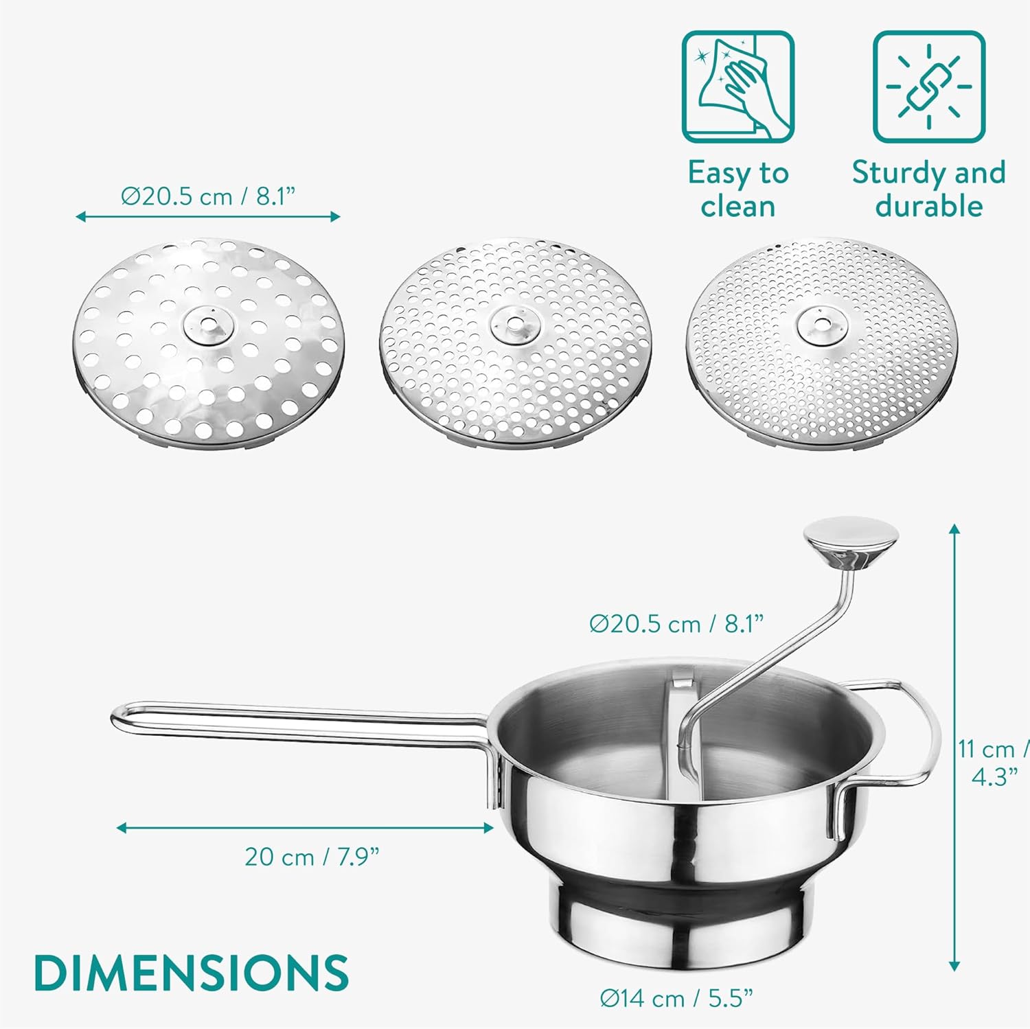 Navaris Stainless Steel Food Mill 2-Quart with 3 Grinding Discs - Rotary Food Mill to Grind & Puree Fruits, Vegetables, Tomato Sauce, Potatoes, Jams and Baby Food Dishwasher Safe