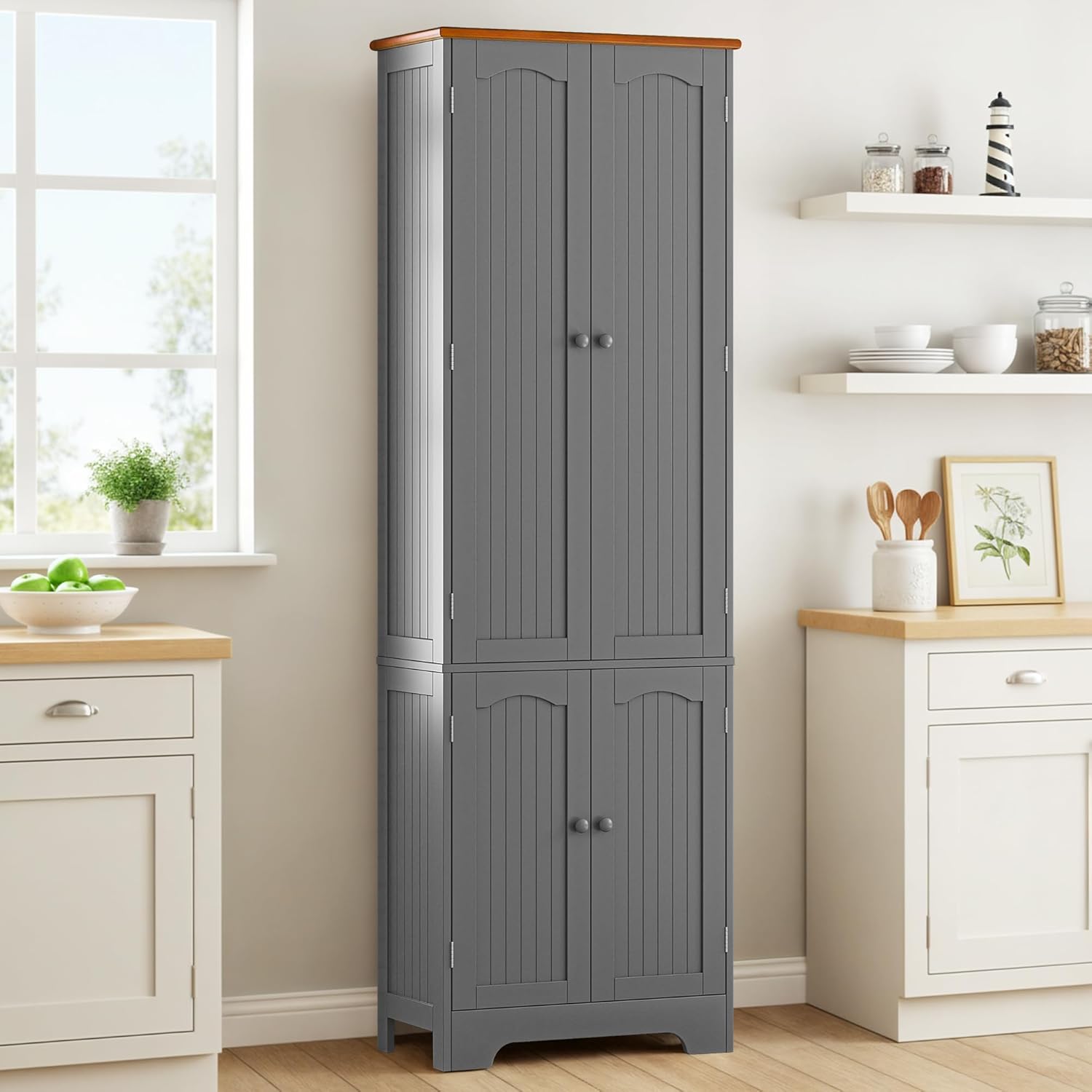 72.2" Tall Farmhouse Storage Cabinet with 4 Barn Doors, Wood Cabinet with Anti-Tip Design, Adjustable Shelves, Sturdy Base, Multipurpose for Living Room, Kitchen, Office, Laundry Room, Gray
