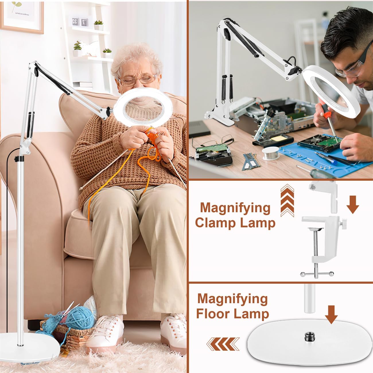 LANCOSC 10X Magnifying Glass with Light and Stand, 3-in-1 Adjustable Swing Floor Lamp, 5 Color Modes Stepless Dimmable, LED Lighted Hands Free Magnifier & Clamp for Reading, Crafts, Painting - White