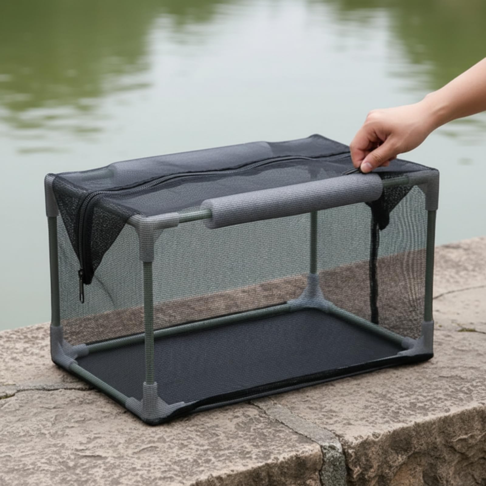 Aquakultur Netz Käfig Fisch Zuchtkäfig Aufzuchtbehälter mit Reißverschluss Und Stabilem Rahmen aus Fiberglas Schaum für Aquarium Teich Quarantäne Beobachtung, 62 32 32cm