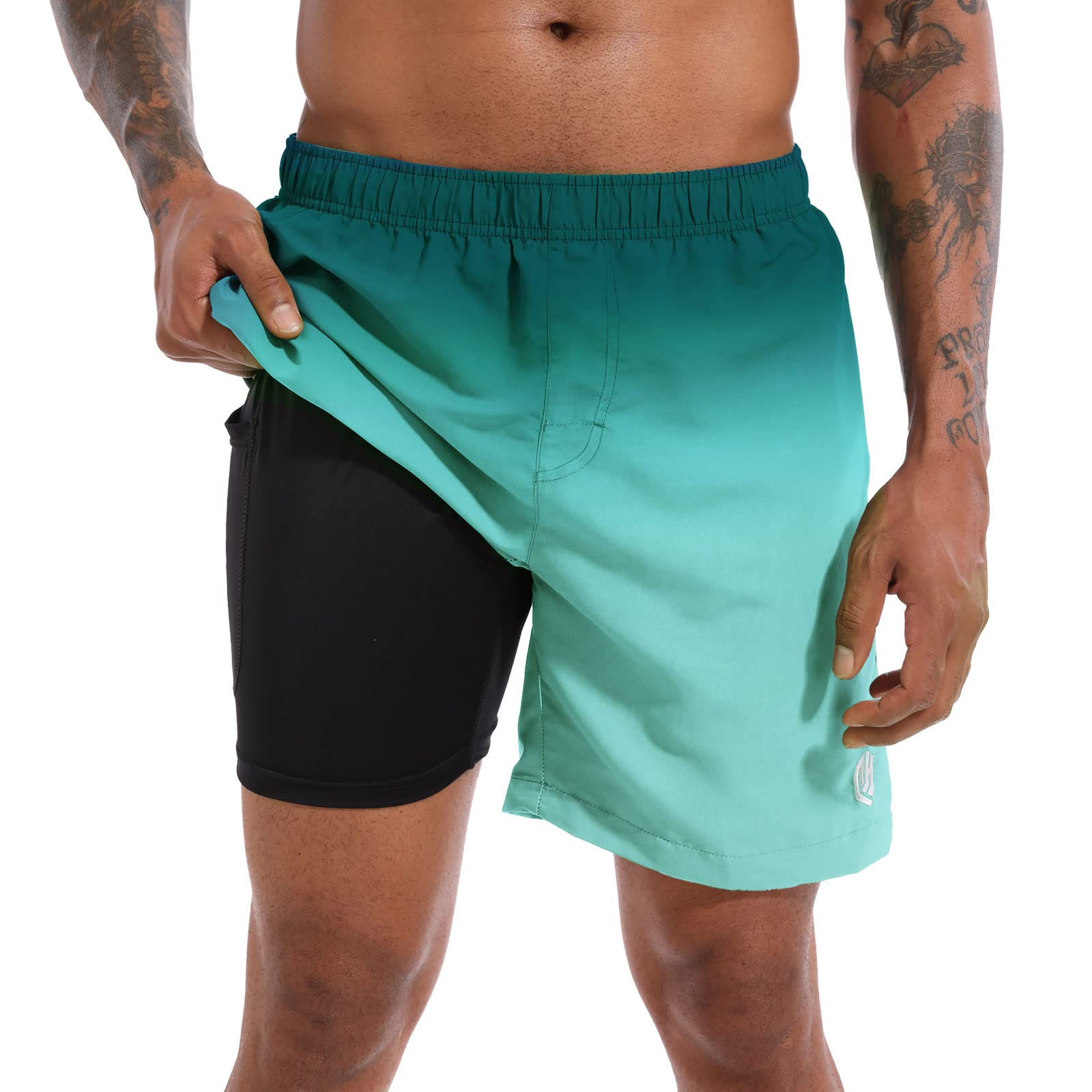 CHEXPEL Men's Swim Trunks Quick Dry Beach Shorts with Pockets and Compression Liner 7 Inch Inseam Bathing Suits