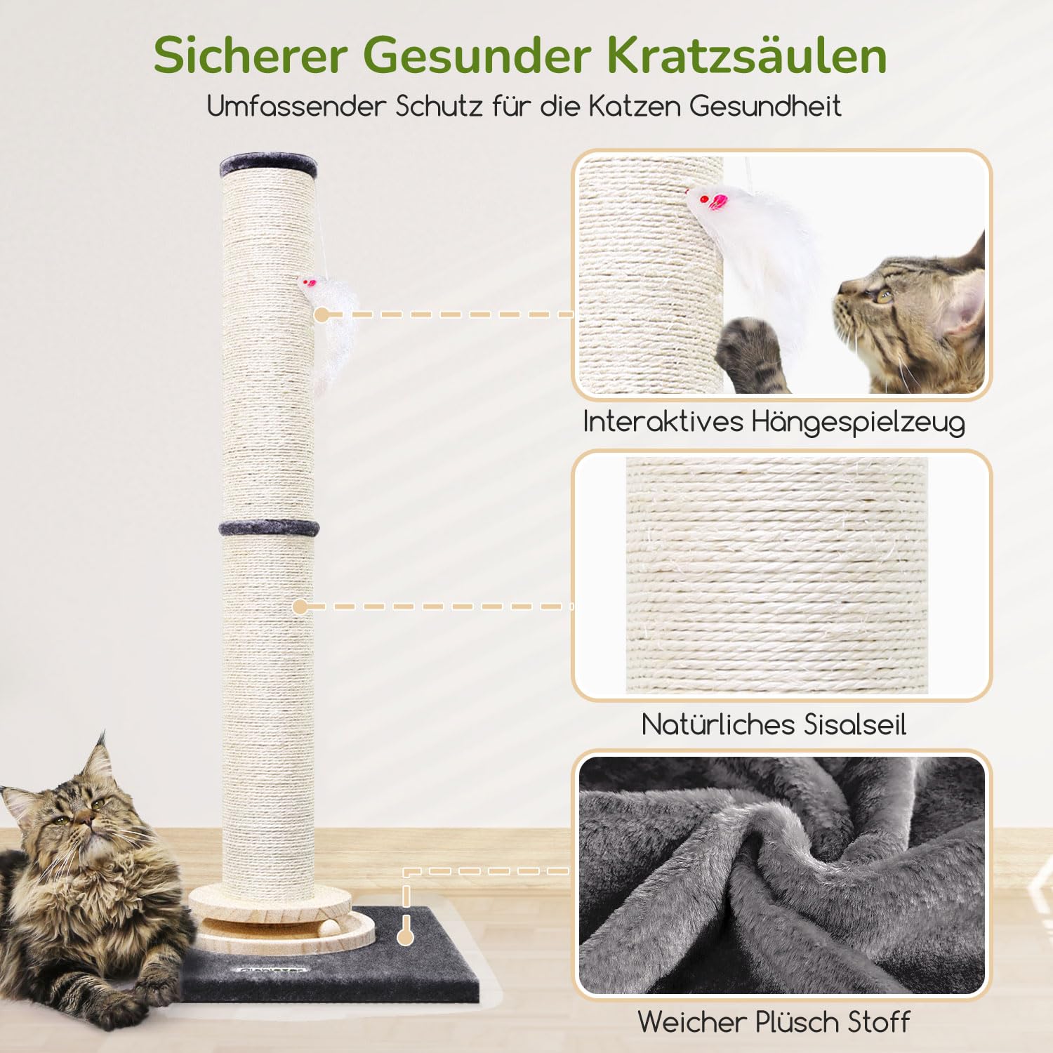 Globlazer Kratzstamm XXL, Kratzsäule Groß Stabil hoch 90 cm & 50 cm 2 IN 1 mit Plüsch Katzenspielzeug 11cm Dicker Stamm Sisal Holz Trackingball, Kratzbaum XXL für Große Katzen (SC35, Dunkelgrau)