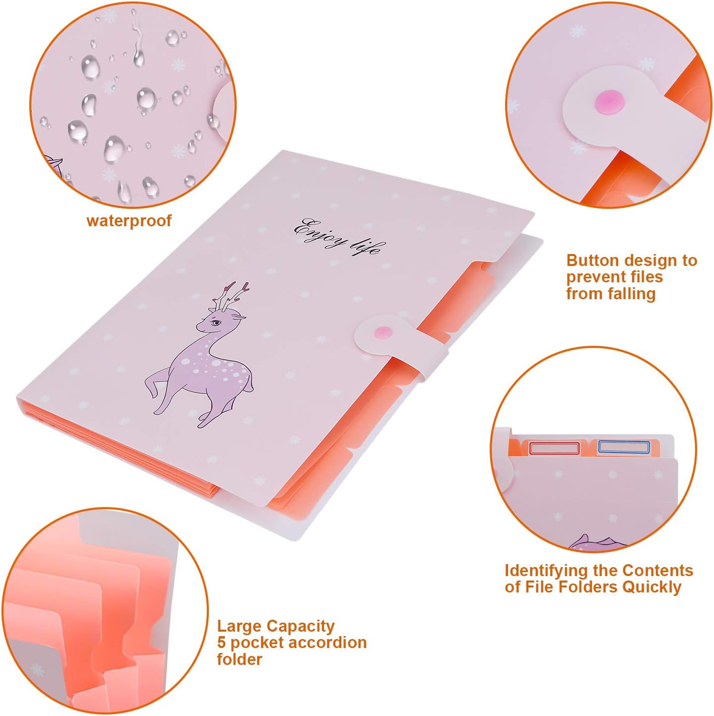 MerryNine 8PCS Expanding File Folder with 5 Pockets Each Totally 40 Pockets, A4 Letter Size Accordion Document Organizer with 64 Lables for School Office Various Data Collection