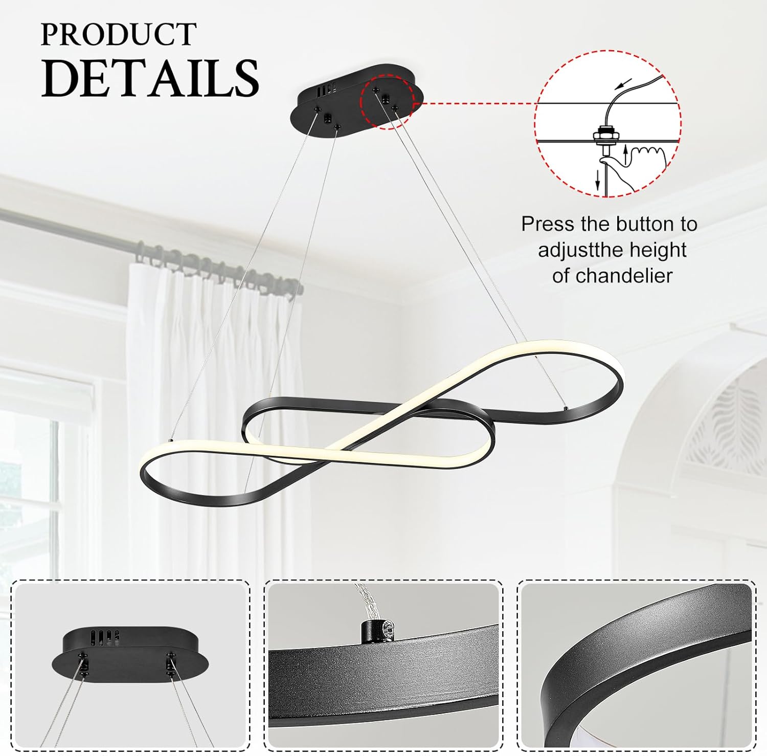 Modern LED Chandelier Black Dimmable LED Pendant Light for Dining Room Light Fixture Over Table Modern Kitchen Island Lighting High Ceiling with Remote for Living Room, 31.7 Inch