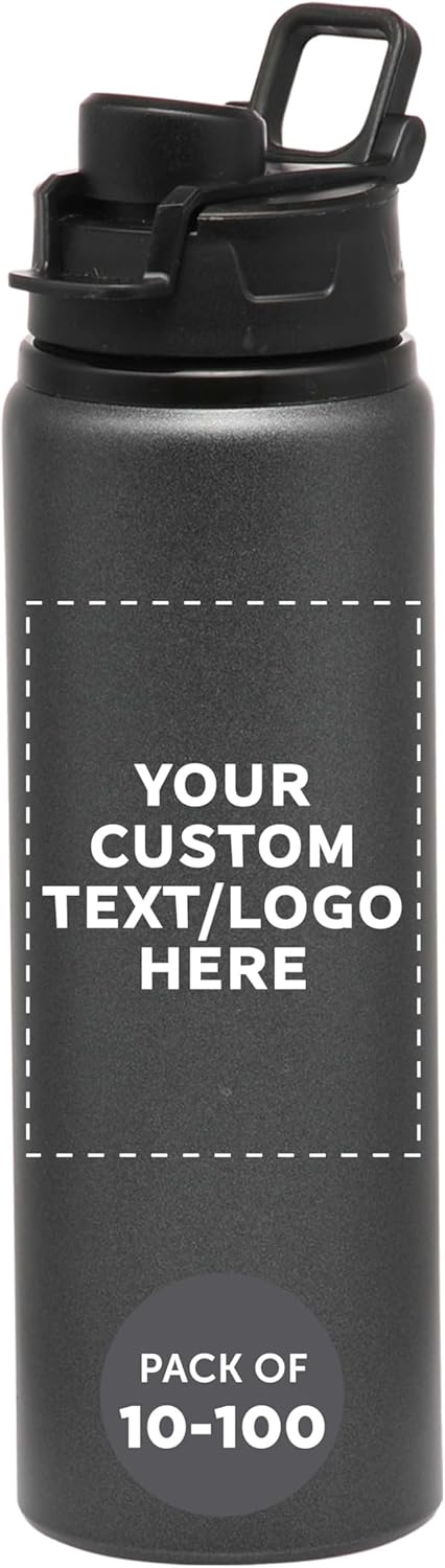 DISCOUNT PROMOS Custom Aluminum Water Bottles Snap Lids 25 oz. Set of 10/50/100 Personalized Bulk Pack Reusable for Gym Hiking Cycling School - Charcoal