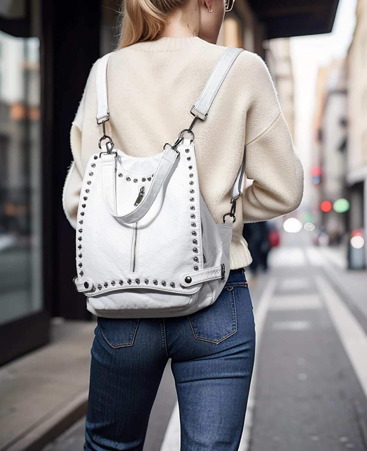 UTO Women Backpack Purse PU Washed Leather Rivet Studded Convertible Ladies Rucksack Shoulder Bag - Image 2