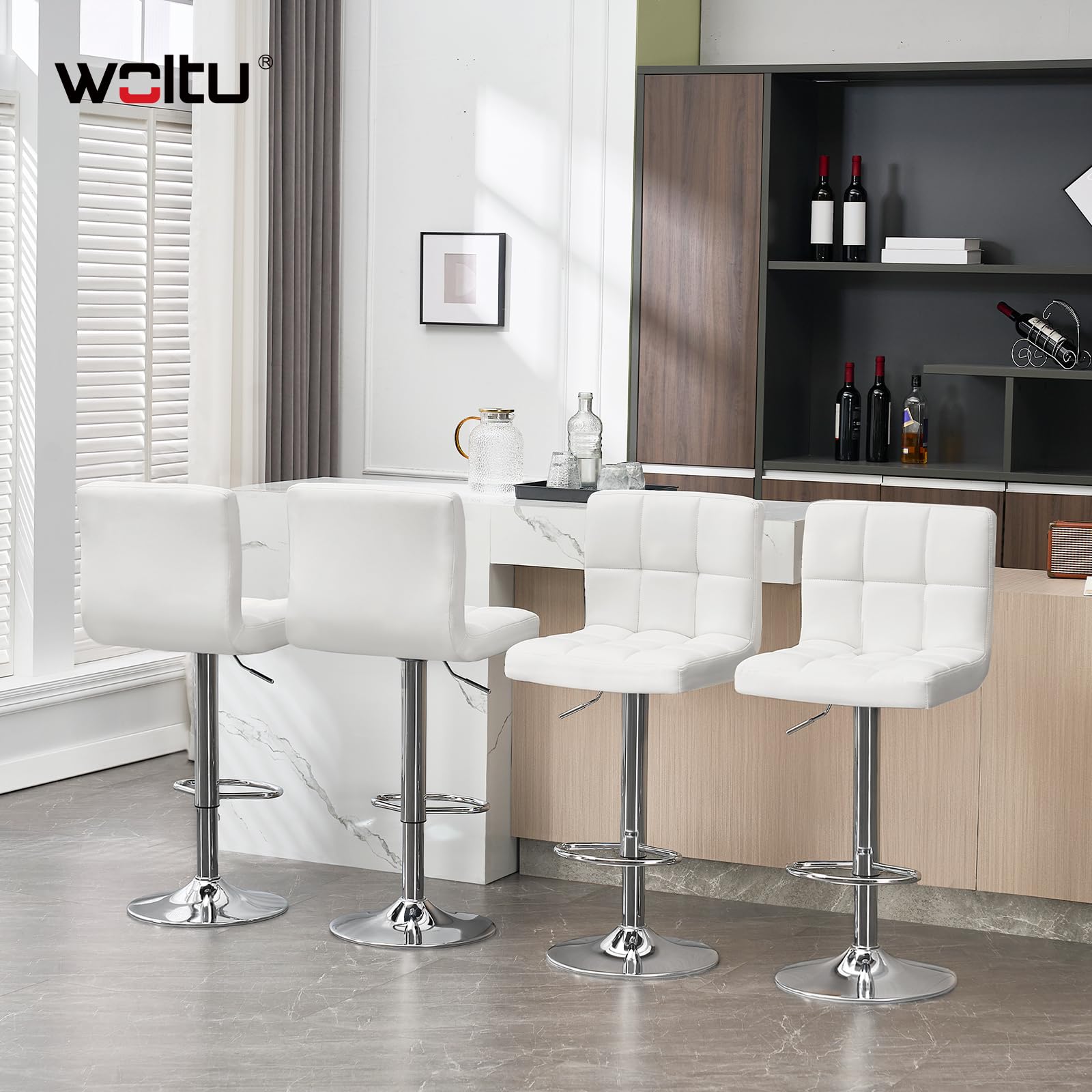 WOLTU Taburete de Bar Giratorio con Respaldo y Reposapies, Blanco | con Reposapiés, para Comedor, Salón y Cafetería