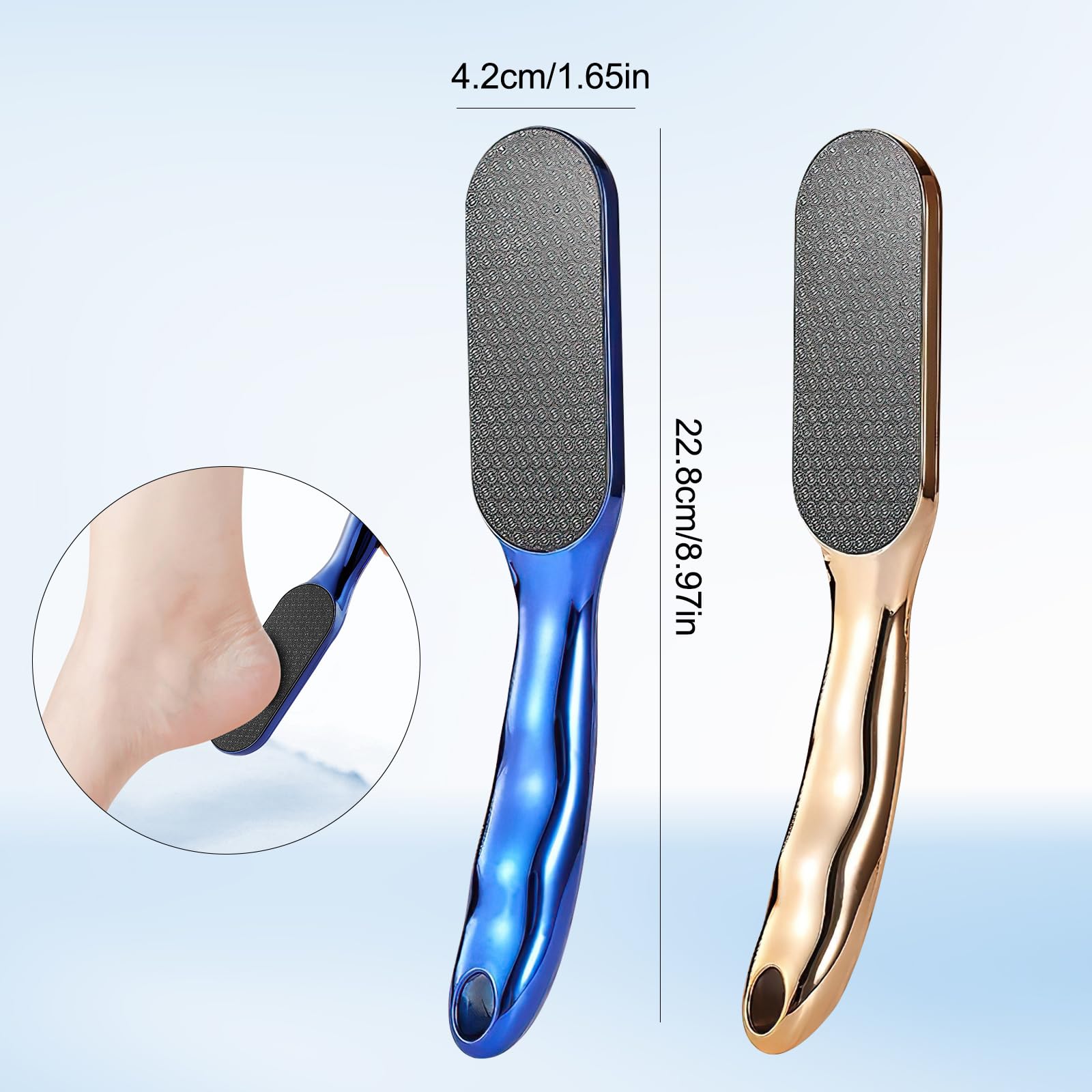 2 limas de pie de nanocristal para eliminar la piel dura, lima de pie de nanocristal con mango ergonómico antideslizante, herramientas profesionales para el cuidado de los pies (dorado y azul) 7
