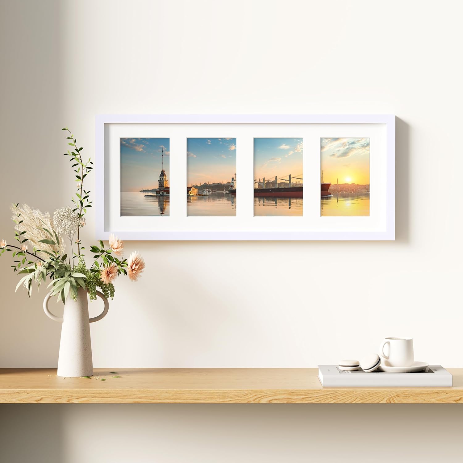 decorUhome 8x20 Picture Frames Collage Wall Decor, Display 4Pcs 4x6 Photos with Mat or 1Pcs 8x20 Unmatted, 4 4x6 Collage Picture Frames for Wall Mounting, White 8x20 (4-4x6) White