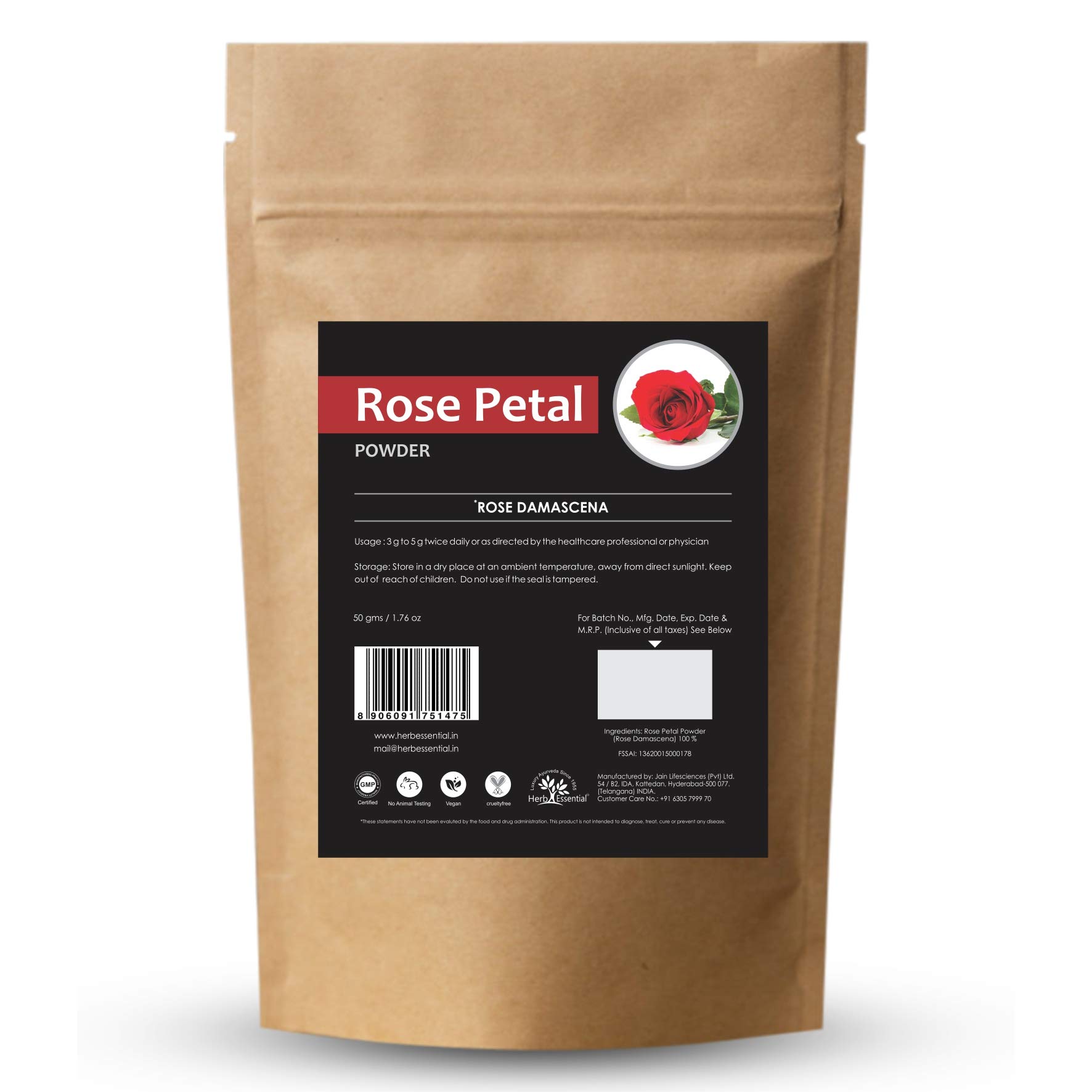 Herb Essential Rose Petal Powder for Face and Skin, 50 g