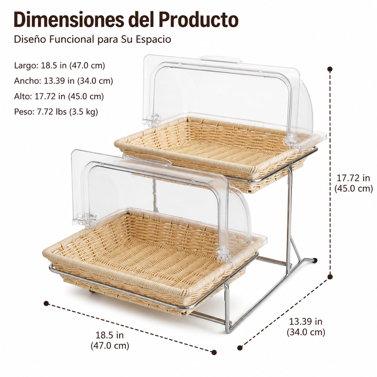 Soporte para Tartas Expositor Buffet, Bandeja Servir con Tapa abatible, 2 Niveles, imitación ratán y Metal 32x26x6,5 cm, Cream