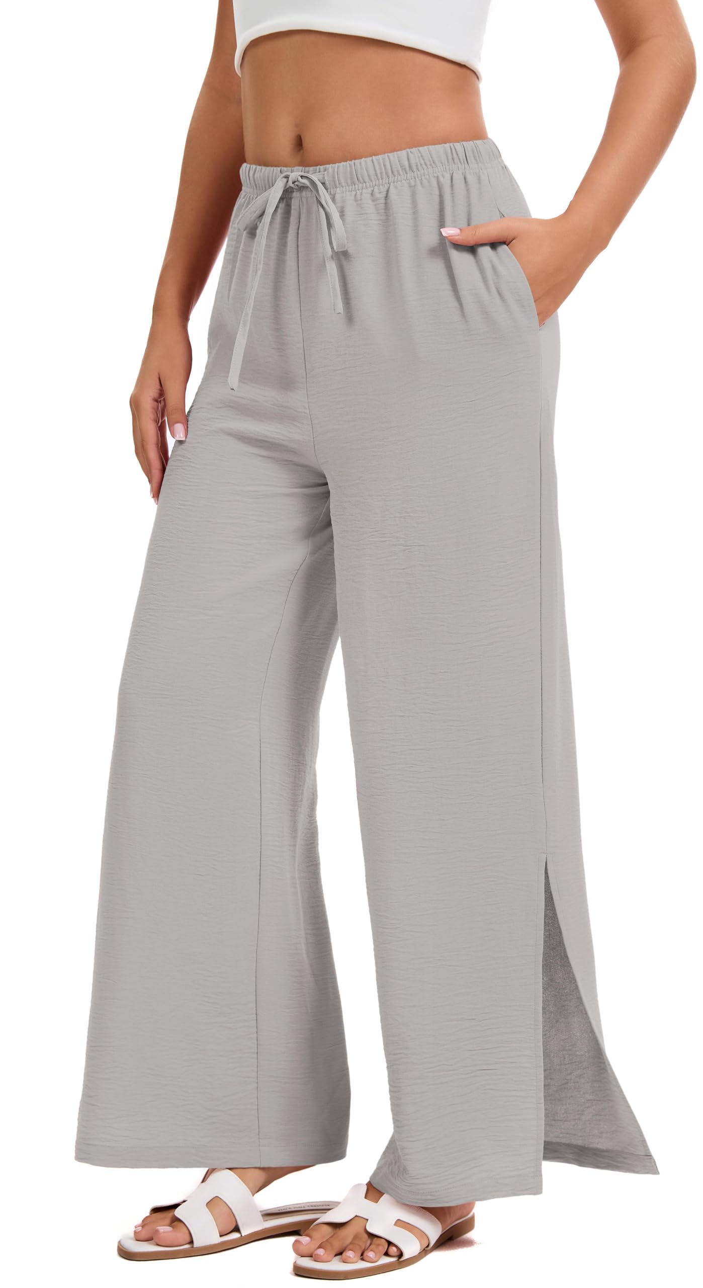 WUWUSK Yoga Stoffhose Damen Leichtweite Palazzo Hose High Waiste Strandhose Mit Kordelzug