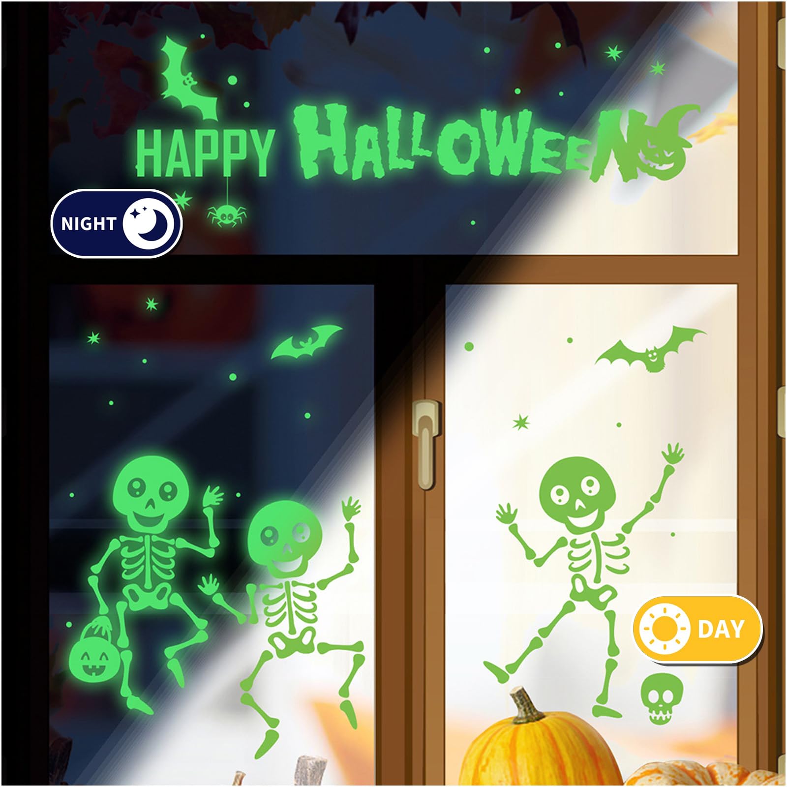 Autocollants Fenêtre Halloween – Lot De 3, Fantômes Luminescents Verts, 15x20 Cm – Faciles à Poser Et Retirer
