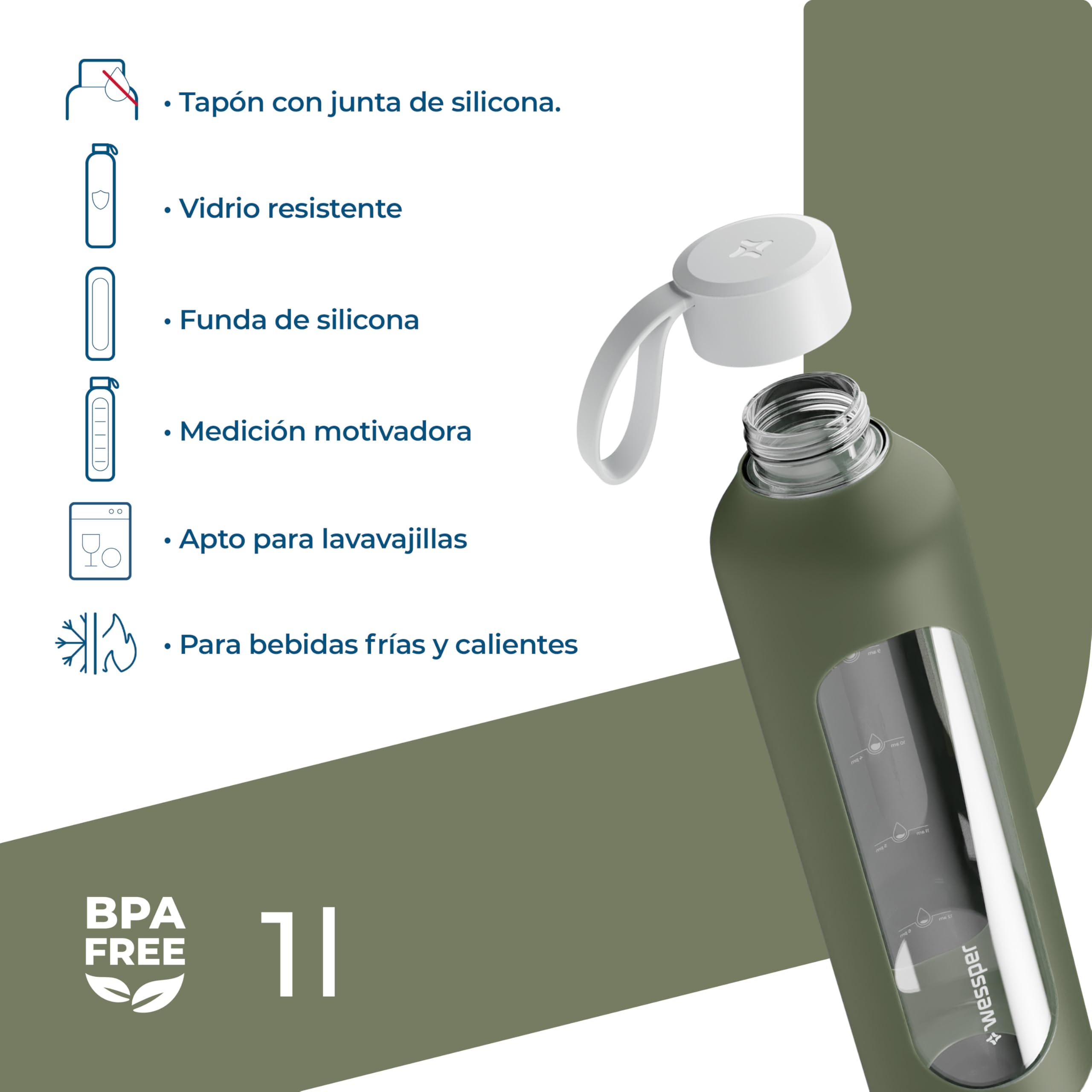Wessper Botella de Agua Cristal, Botella 1 Litro Motivadora con Escala de Hidratación, Botellas de Vidrio Borosilicato con Funda de Silicona, Material Seguro sin BPA – Oliva