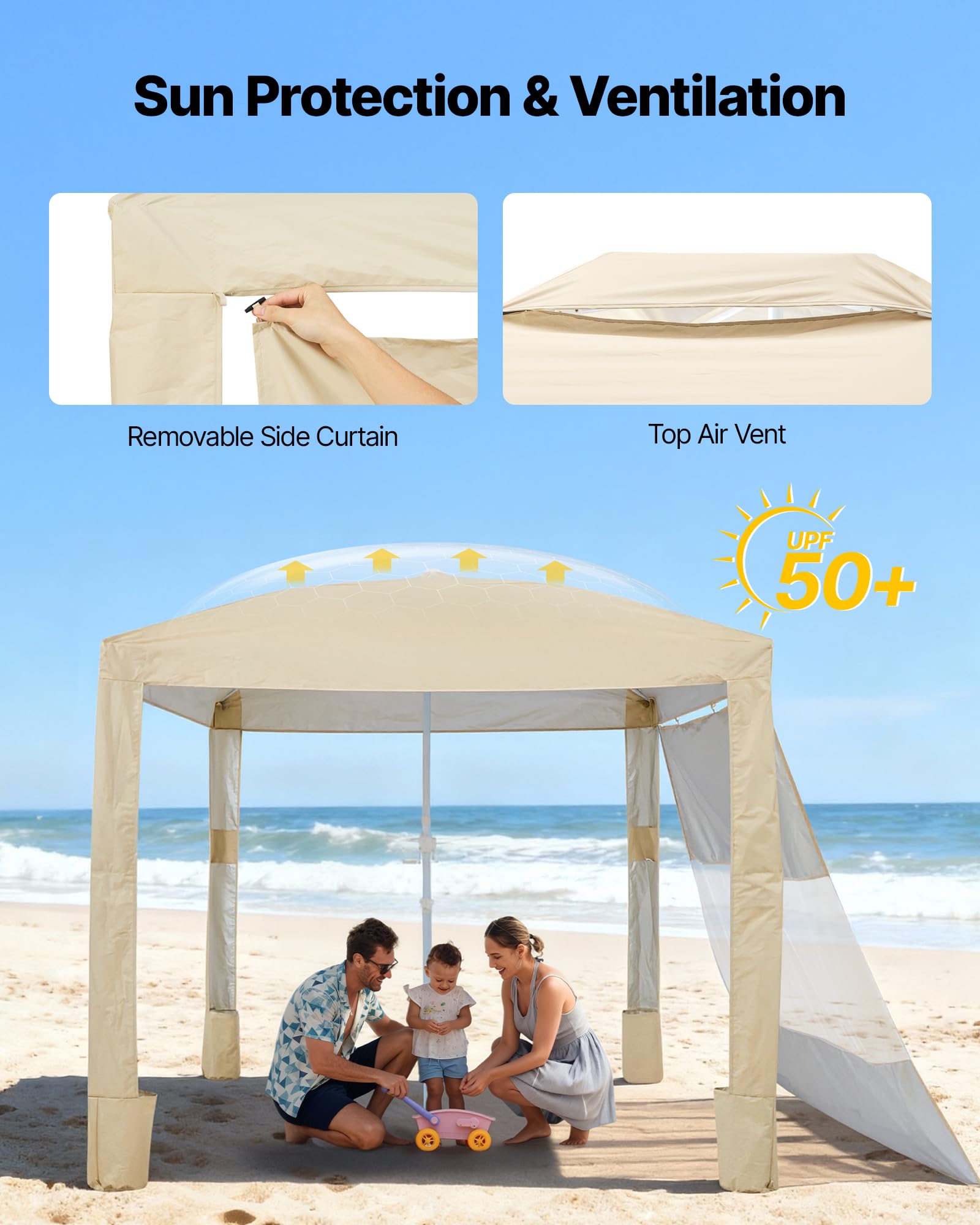 VEVOR Cabaña de Playa 2,4 x 2,4 m, con Pared Lateral, Protección Solar UPF 50+, Pabellón de Playa con Sacos de Arena, Sombrilla Portátil y Ajustable en Altura para Familiares y Amigos, Caqui
