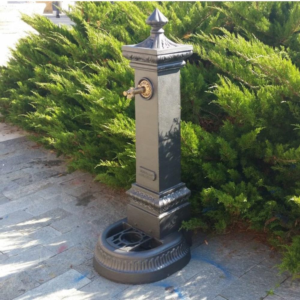 Fontana Da Pavimento in Ghisa Antracite Da Esterno per Giardino, Adatta Agli Agenti Atmosferici, Dimensioni 41x37xH100 Cm, Colore Antracite, Senza Rubinetto