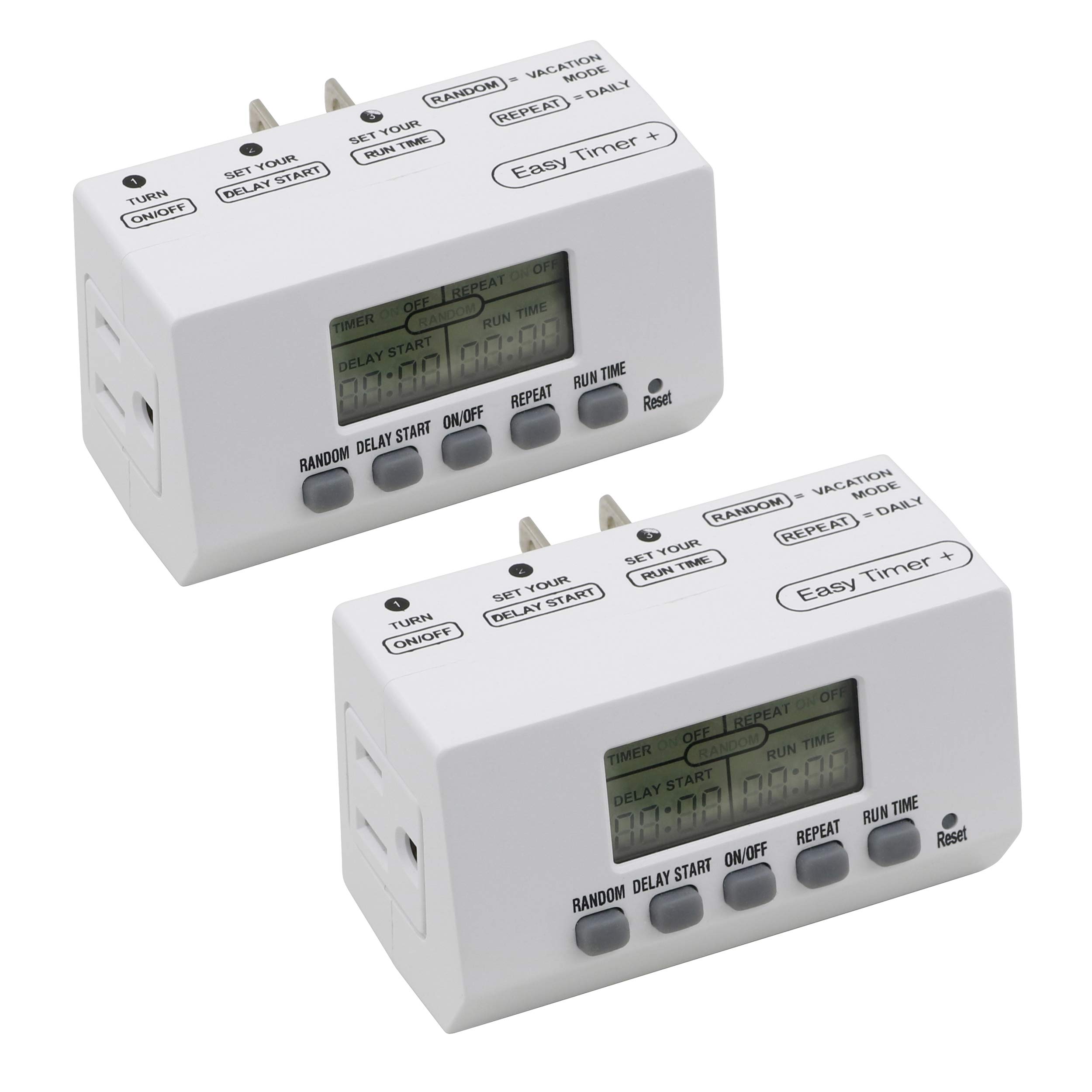 Clear Power Indoor Timer (Dual Pack) 1 Grounded Outlet EZ Digital Timer for Lamps, Fans, Grow Lights, White, Random/Vacation Mode Included, 2-Pack, DCIT-0011-DC