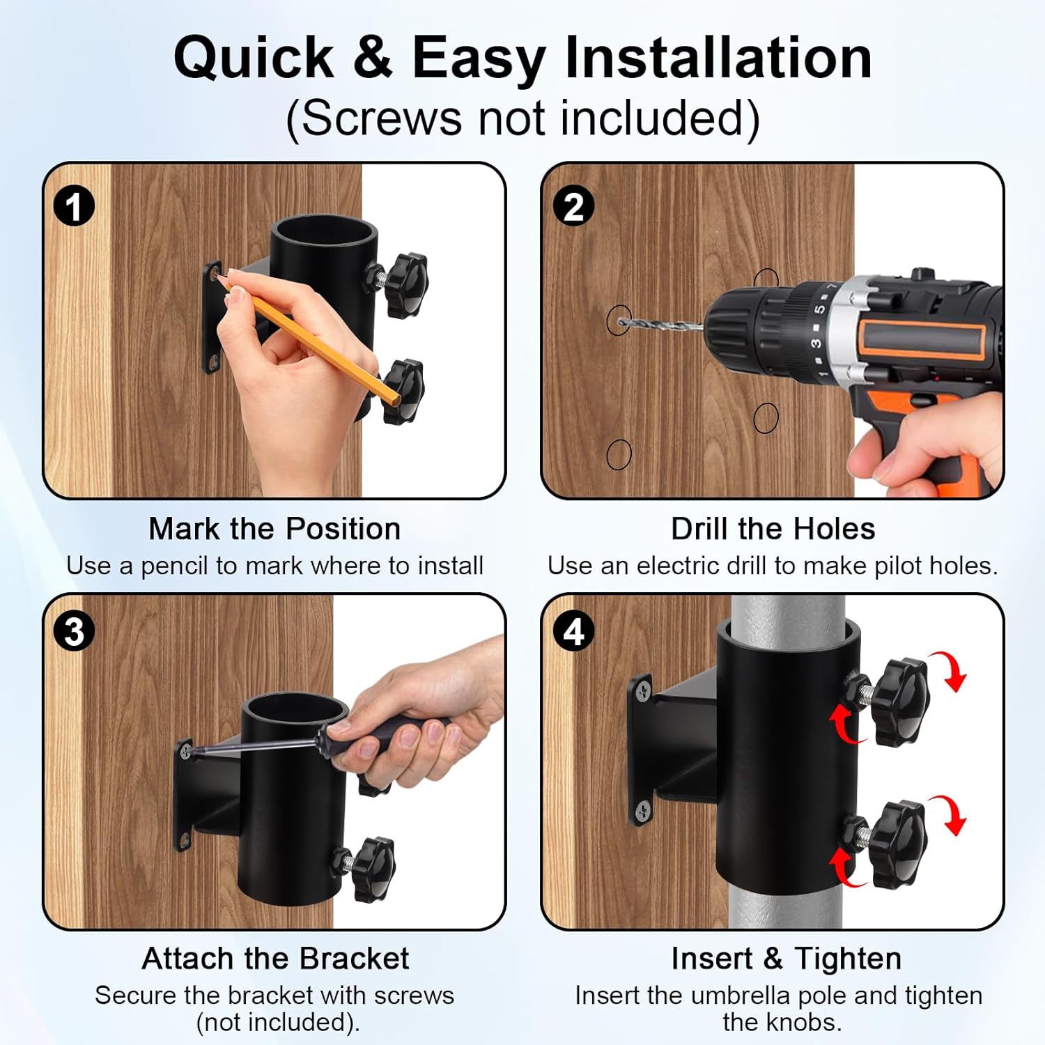 Patio Umbrella Holder for Deck and Fence – Heavy Duty Deck Railing Umbrella Holder, 4 Pack Black-Coated Steel Mount Brackets, Fits Poles Up to 2.24", Rust-Resistant, Easy Installation