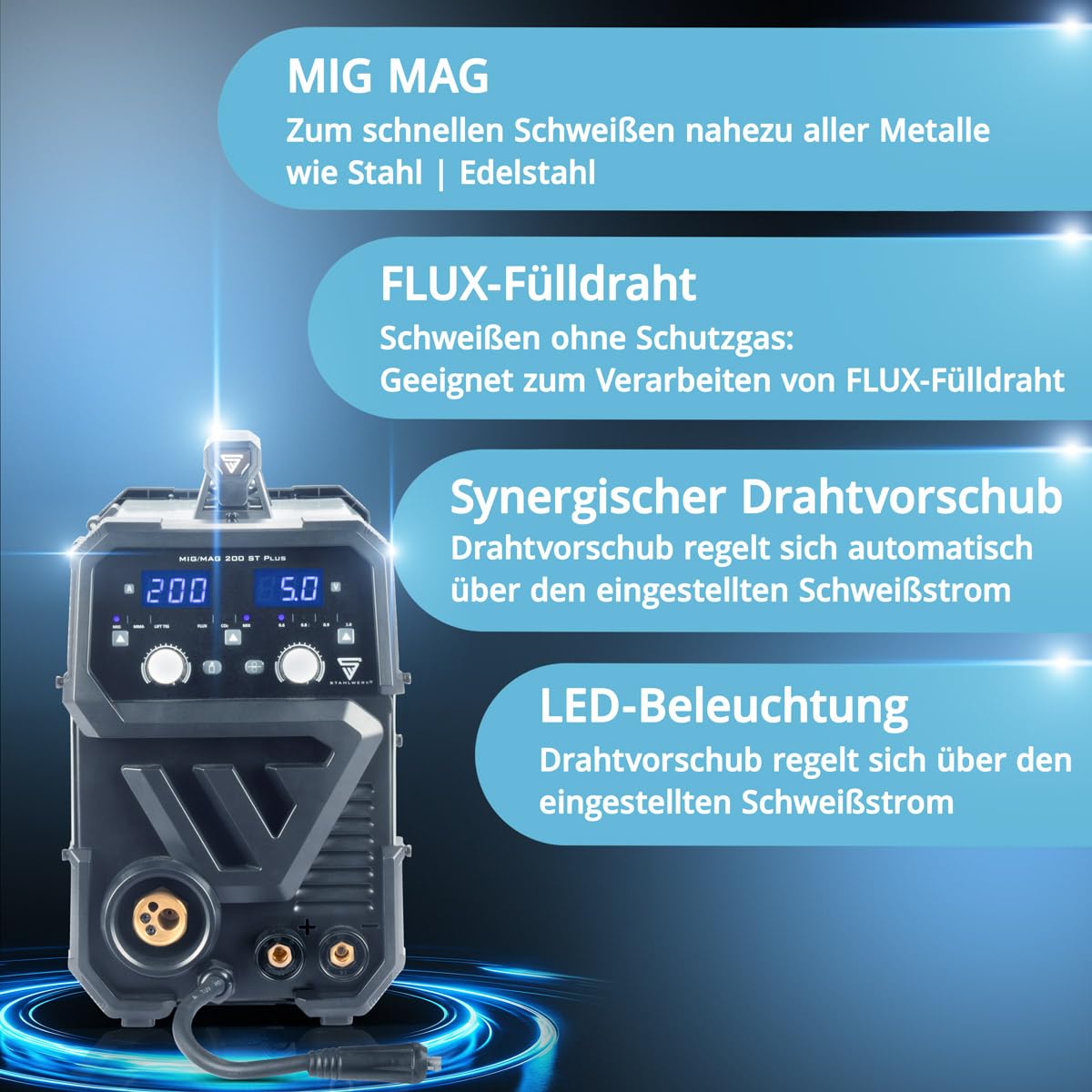 STAHLWERK Schutzgasschweißgerät MIG/MAG 200 ST – IGBT-Inverter mit 200 A und synergischem Drahtvorschub, FLUX (Fülldraht) geeignet, Lift-TIG & MMA (E-Hand/ARC) funktionsfähig