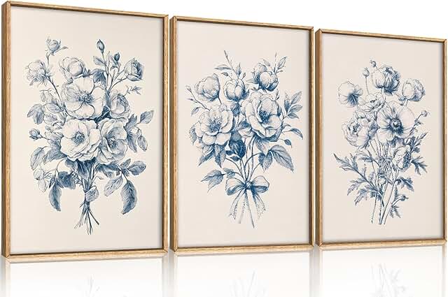 KAIRNE Blue Floral Wall Art Set of 3, Vintage Botanical Flower Framed Ca...