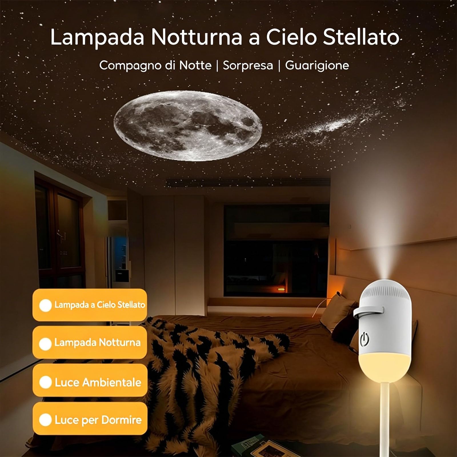 Adius Proiettore di Luce Notturna 2 in 1, Proiettore Portatile Multifunzionale per Cielo Stellato, Rotazione a 360°, Luminosità Regolabile, per Auto, Camera da Letto, Decorazione (24pcs)