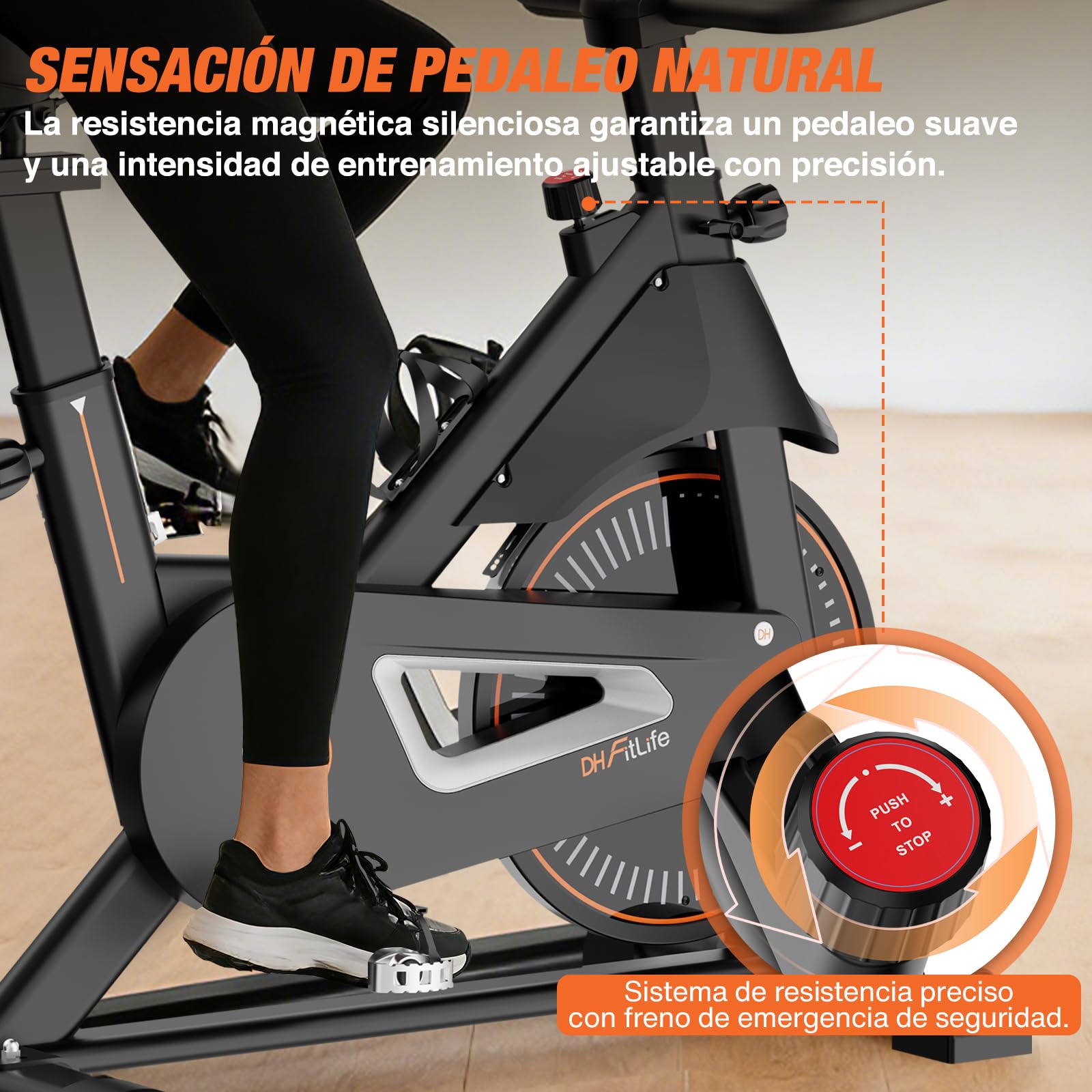 DH FitLife Bicicleta Estática para Casa 2026, Silenciosa con Resistencia Magnética, Freno de Emergencia, Ajustable 150–195 cm, Pulsómetro, APP y Monitor para Cardio en Casa | APP & Sensor de Pulso|Manillar Multi-Posiciones|Sillín Ajustable|Freno de Emerge
