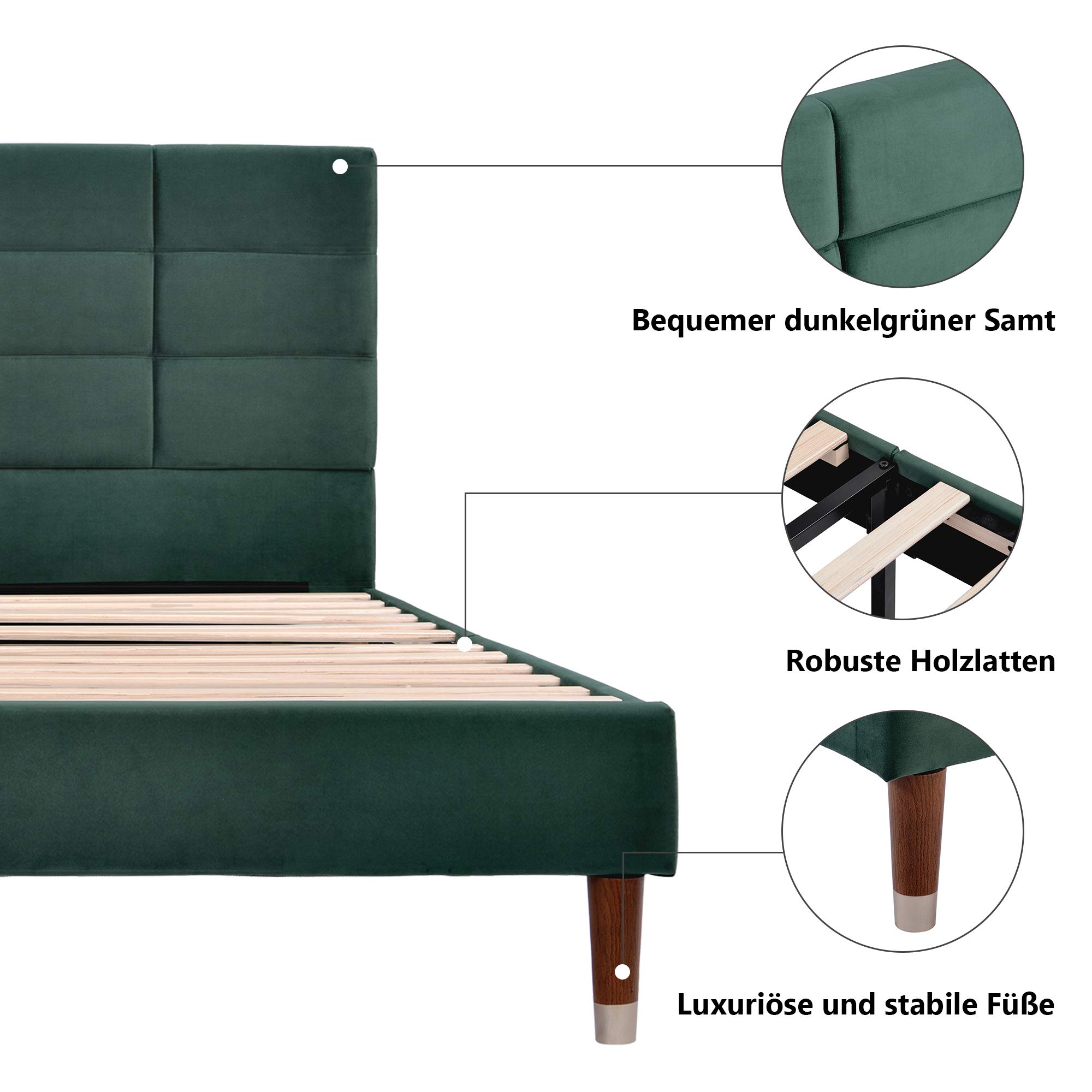 ModernLuxe Cama doble tapizada con cajón y somier, 140 x 200 cm, estructura acolchada con cabecero en terciopelo verde oscuro para adultos y jóvenes (colchón no incluido) (verde oscuro)