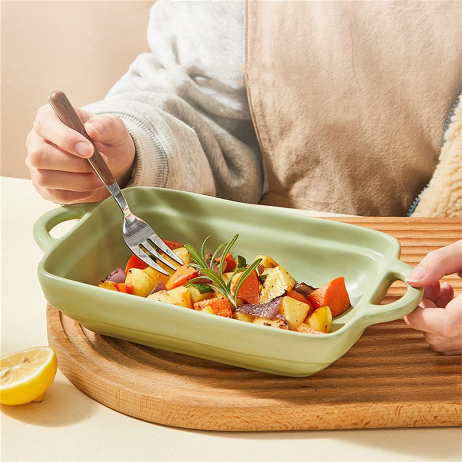 Teglia da forno Piatto da forno for riso al con formaggio in ceramicaCiotola for doppio orecchioPiatto pranzo for a microonde domestico largo for spaghetti Casseruola(Green,7.6inch)