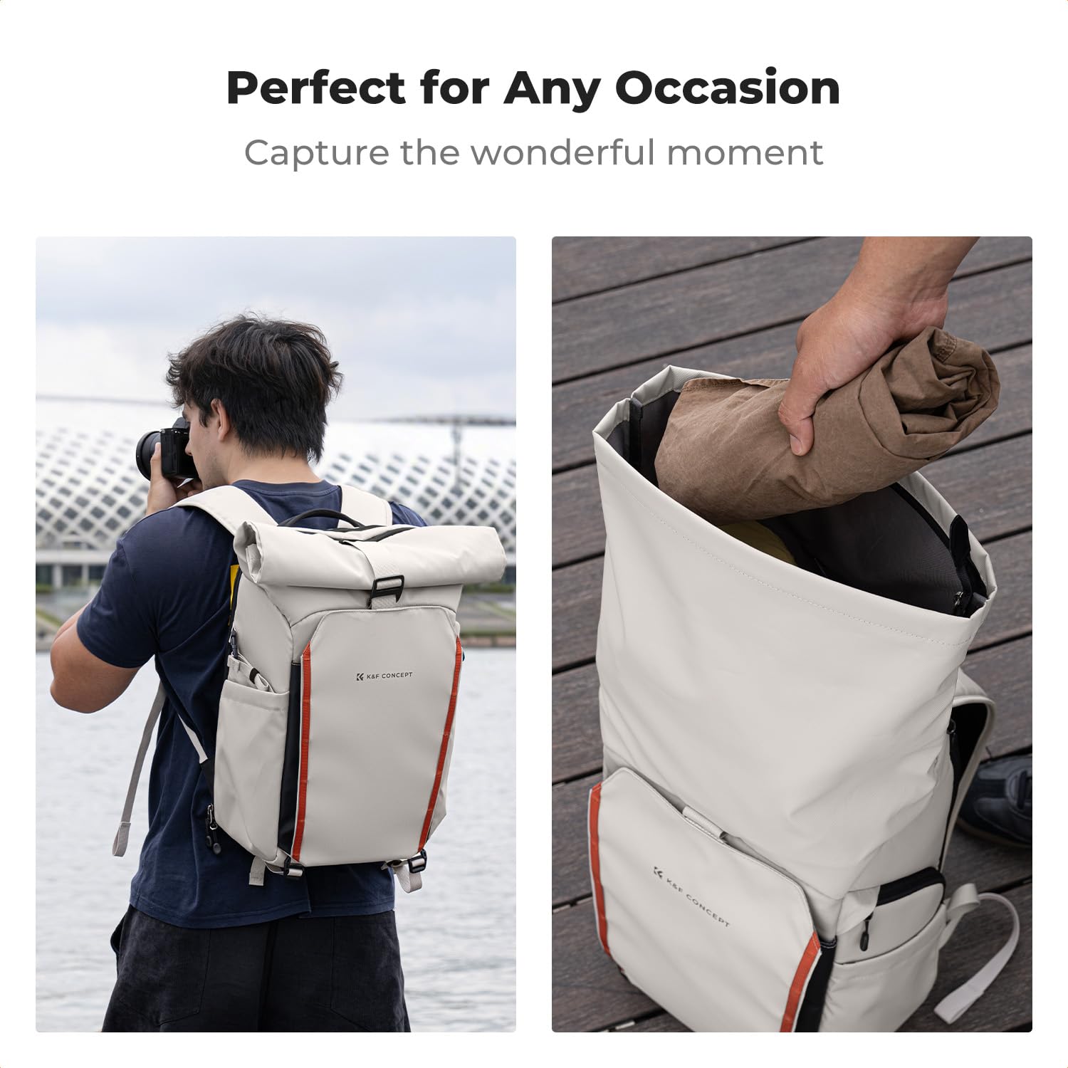 K&F CONCEPT Kamerarucksack mit Rolltop-Erweiterung | großer Fotorucksack mit vollständiger Rückseite zum Öffnen, Schnellzugriff und Laptopfach für Geräte bis zu 15,6 Zoll