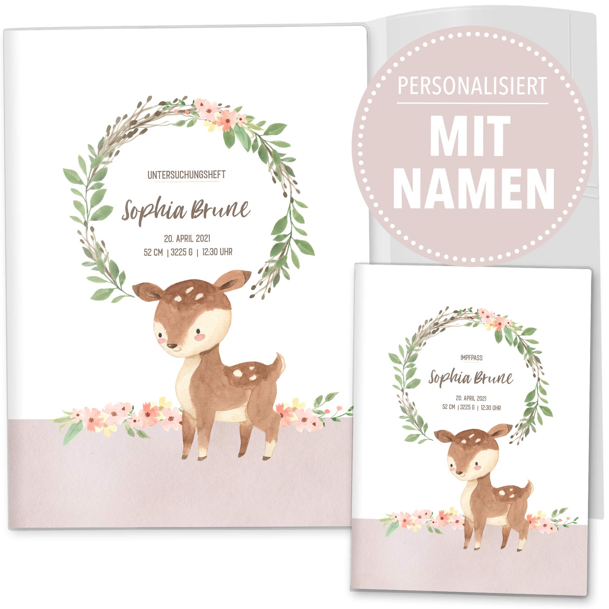 OLGS U-Heft und Impfpasshüllen Set 3-teilig | Cute Forest Reh | Untersuchungsheft Hülle & Impfpasshülle schöne Geschenkidee personalisierbar mit Namen und Geburtsdatum (U-Heft Set, personalisiert)