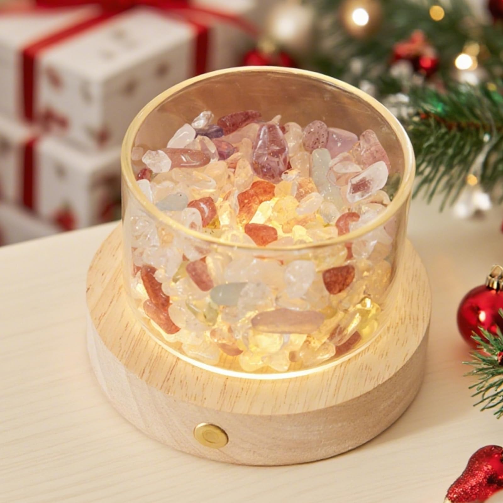 Set Pietre e Cristalli Chakra con Base Legno LED - Pietre Grezza Naturale, Regali Donna per Reiki e Meditazione Guarigione Yoga Riequilibrio Energetico Ufficio