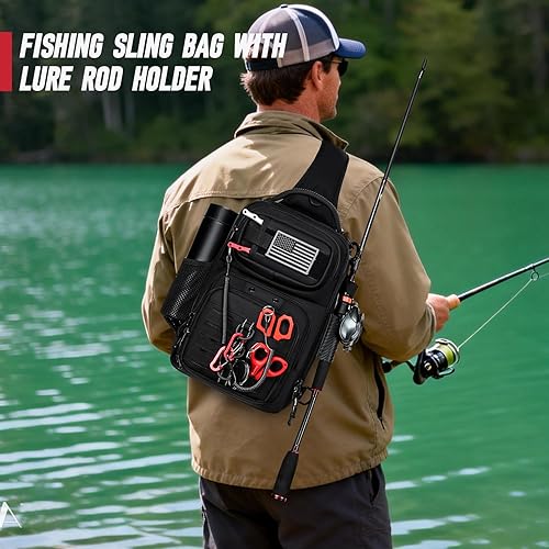 Miniatura 6 de Bolsa de pesca con soporte de caña de pescar, calcomanías fijas, sistema MOLLE, cebo suave y almacenamiento de equipos, regalo para hombres, negro