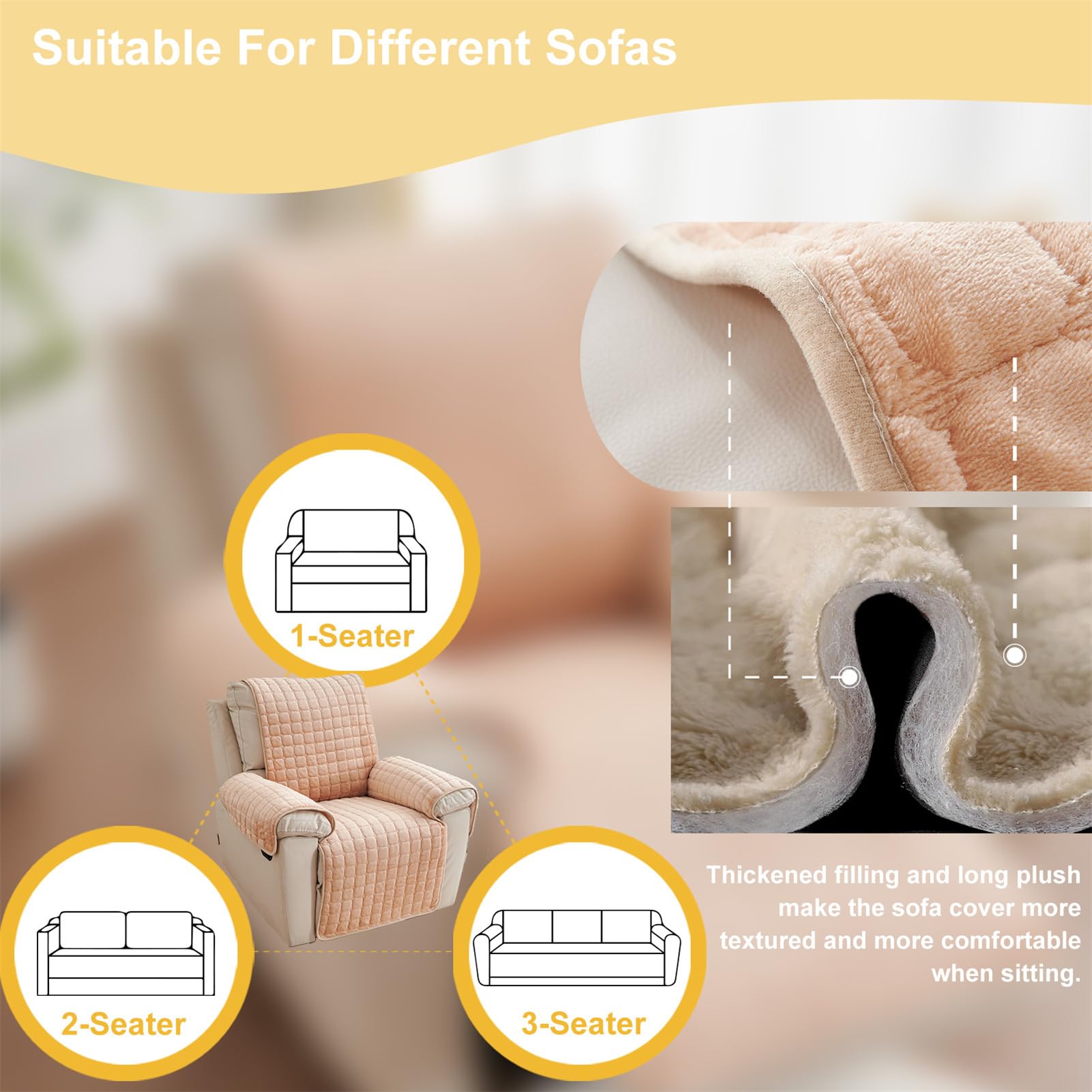 Funda de Reposabrazos de Sofá de Felpa Cuadrada de Invierno para 1 2 O 3 Plazas Funda para Sillón Reclinable Protector Antideslizante para Muebles para Mascotas (Beige 167 X 190 Cm)