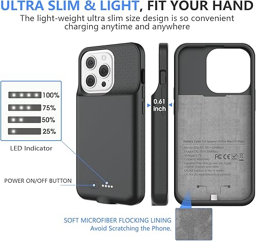 Miniatura 9 de GIN FOXI Funda de batería para iPhone 15 Pro Max15 Plus, 15 W de carga rápida real de 8000 mAh, funda de carga de batería ultradelgada, funda de