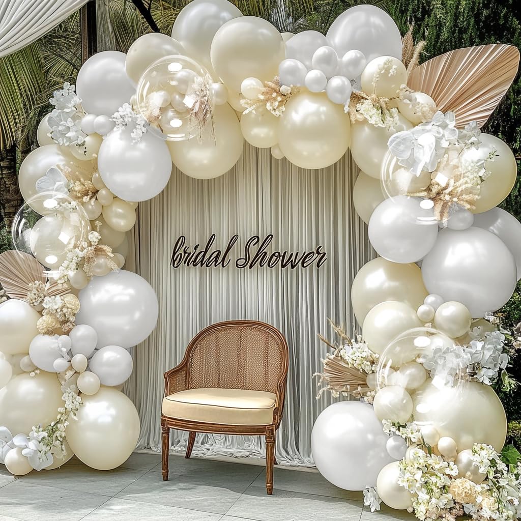 Pearl White Balloon Garland Double Stuffed Pearl White Sand Cream Balloon Arch Kit Different Sizes With Clear Bobo Balloon for Birthday Baby Shower Anniversary Wedding Party decor