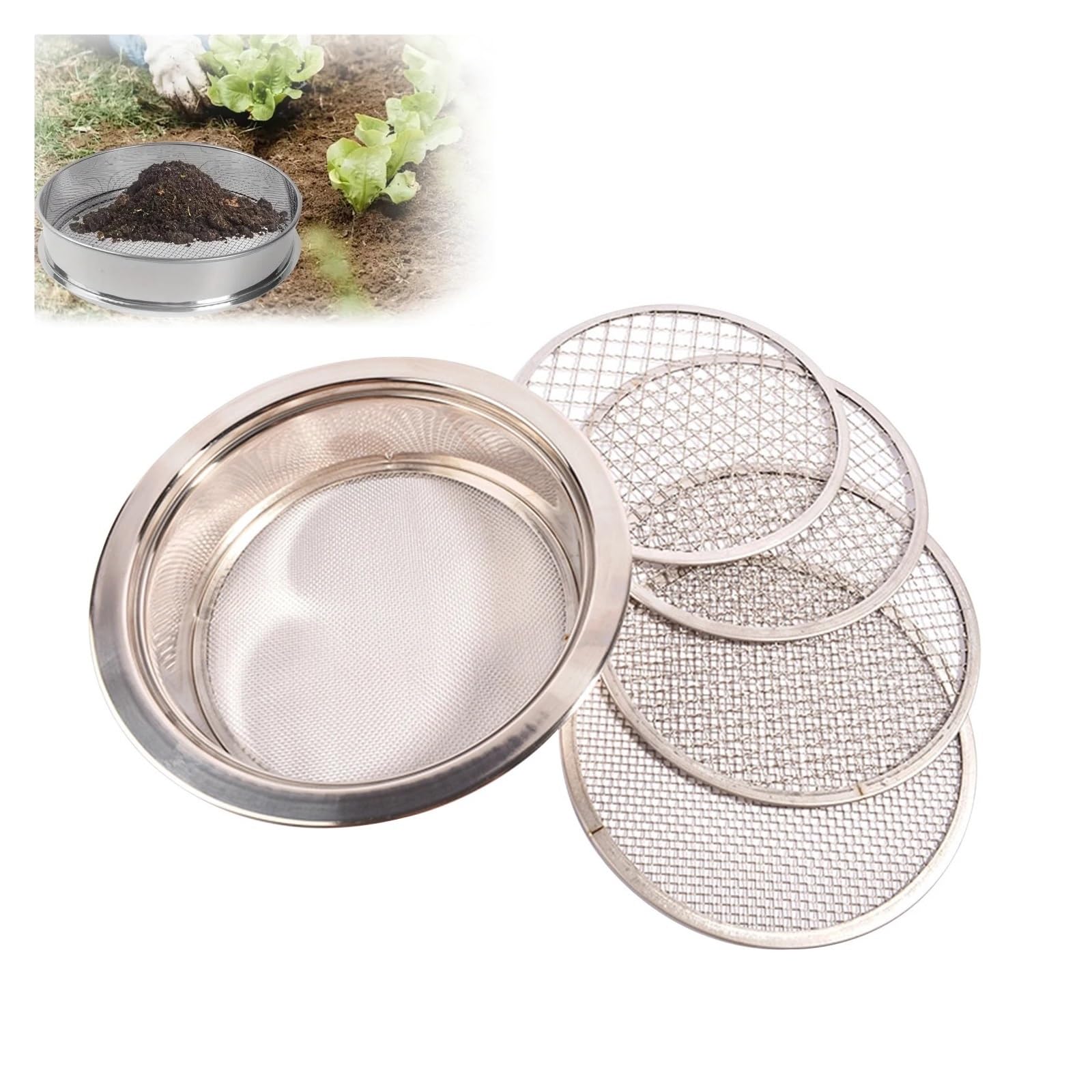 Sita testowe ze stali nierdzewnej, Zestaw sit laboratoryjnych ze stali nierdzewnej 24 cm/20 cm o różnych rozmiarach oczek do uprawy bonsai w piasku kompostowym(1-3-6-9-12mm)