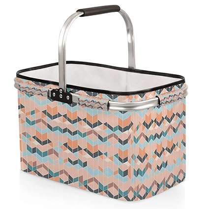 Kizmoglux Graphics Geometric Collapsible Market Basket, Foldable Picnic Basket - Large Shopping Basket with Handles, Portable Folding Bag for Shopping Camping Picnic
