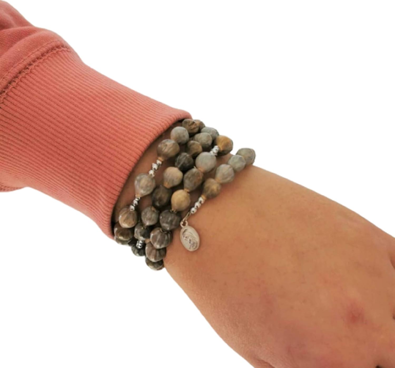 Jobs Tears Seed Beads Rosary Bracelet with Catholic Saint Medal Wrap Memory Wire Womens 5 Decade Rosary