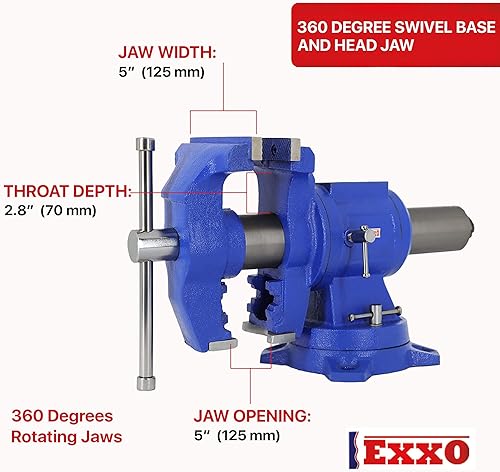 Miniatura 4 de EXXO Banco multiusos de 5 pulgadas y tornillo de tubo de hierro dúctil pesado 50,000 PSI Base giratoria de 360 grados y cabezal (8810)