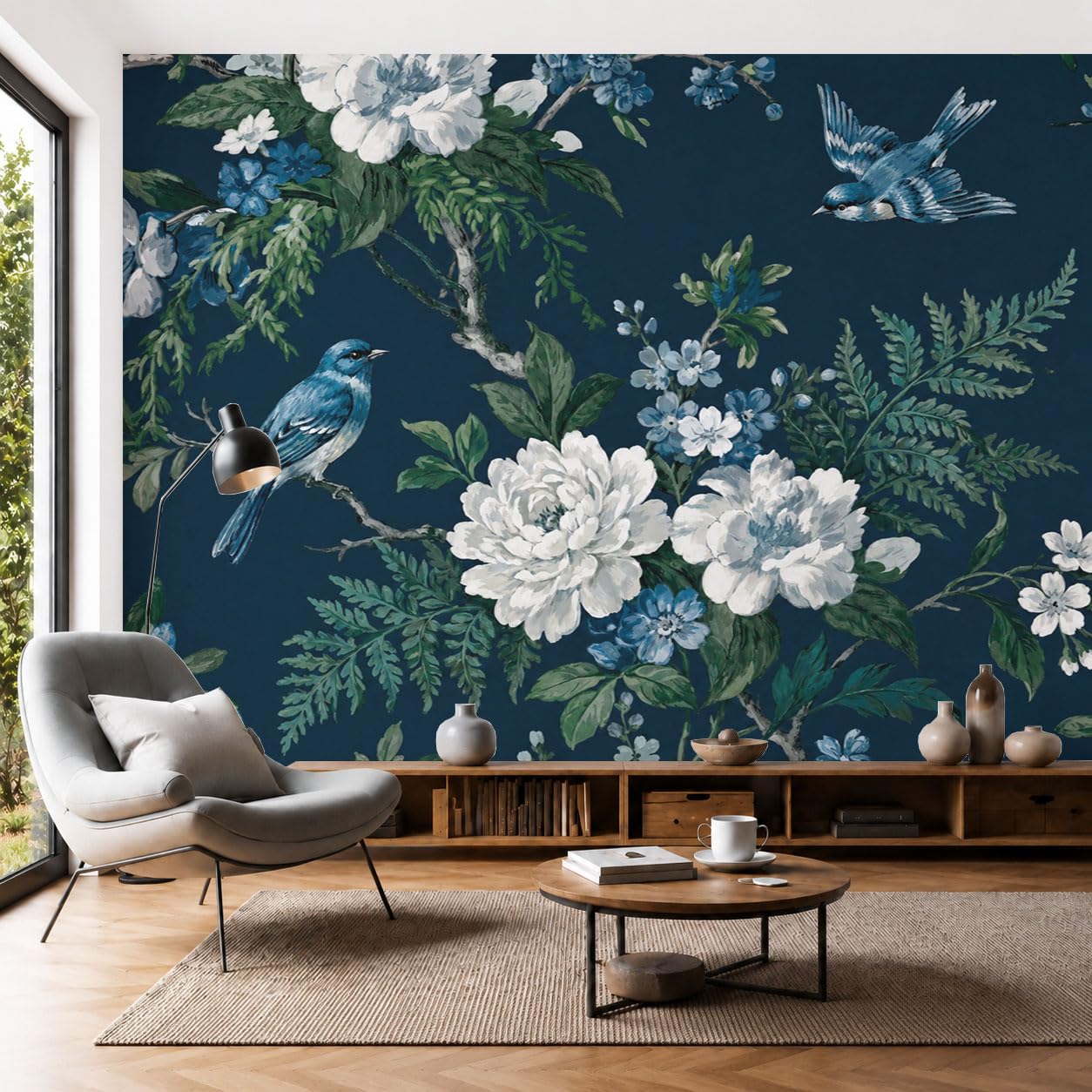 Papier peint panoramique oiseau rétro bleu marine grand poster mural 3D floral 450x315 cm
